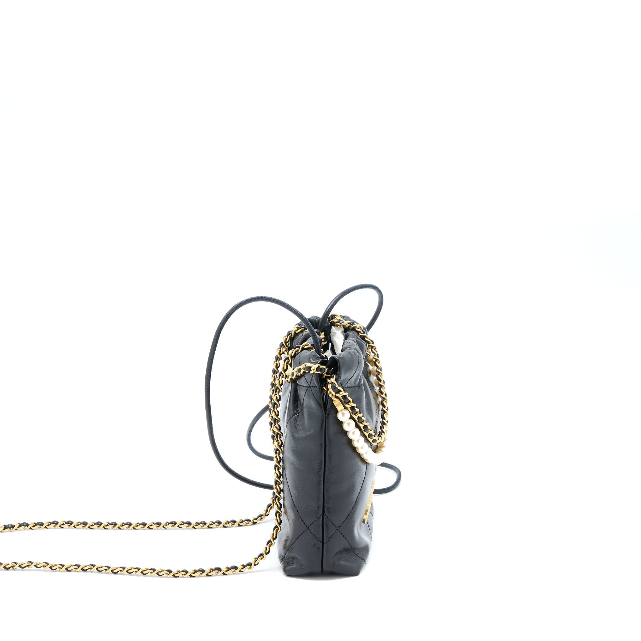 CHANEL 23S MINI 22 BAG WITH PEARL SHINY CALFSKIN BLACK BRUSHED GHW (MICROCHIP)