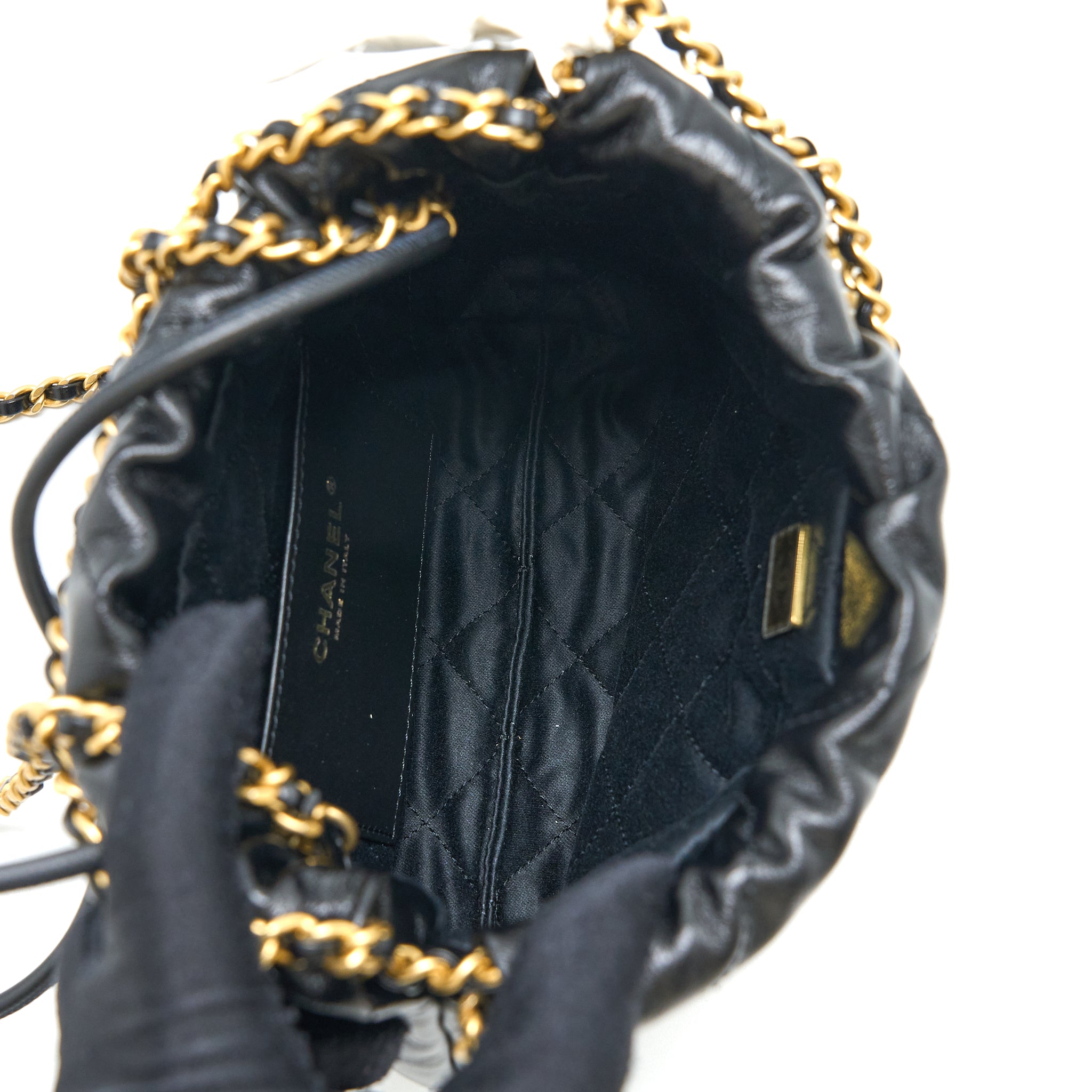 CHANEL 23S MINI 22 BAG WITH PEARL SHINY CALFSKIN BLACK BRUSHED GHW (MICROCHIP)