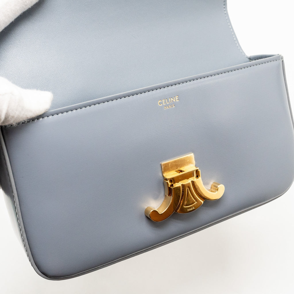 CELINE CHAIN SHOULDER BAG CLAUDE SHINY CALFSKIN BLUE GREY GHW