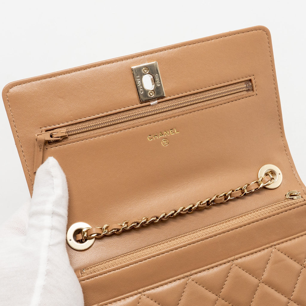 CHANEL TRENDY CC WALLET ON CHAIN LAMBSKIN DARK BEIGE LGHW (MICROCHIP)