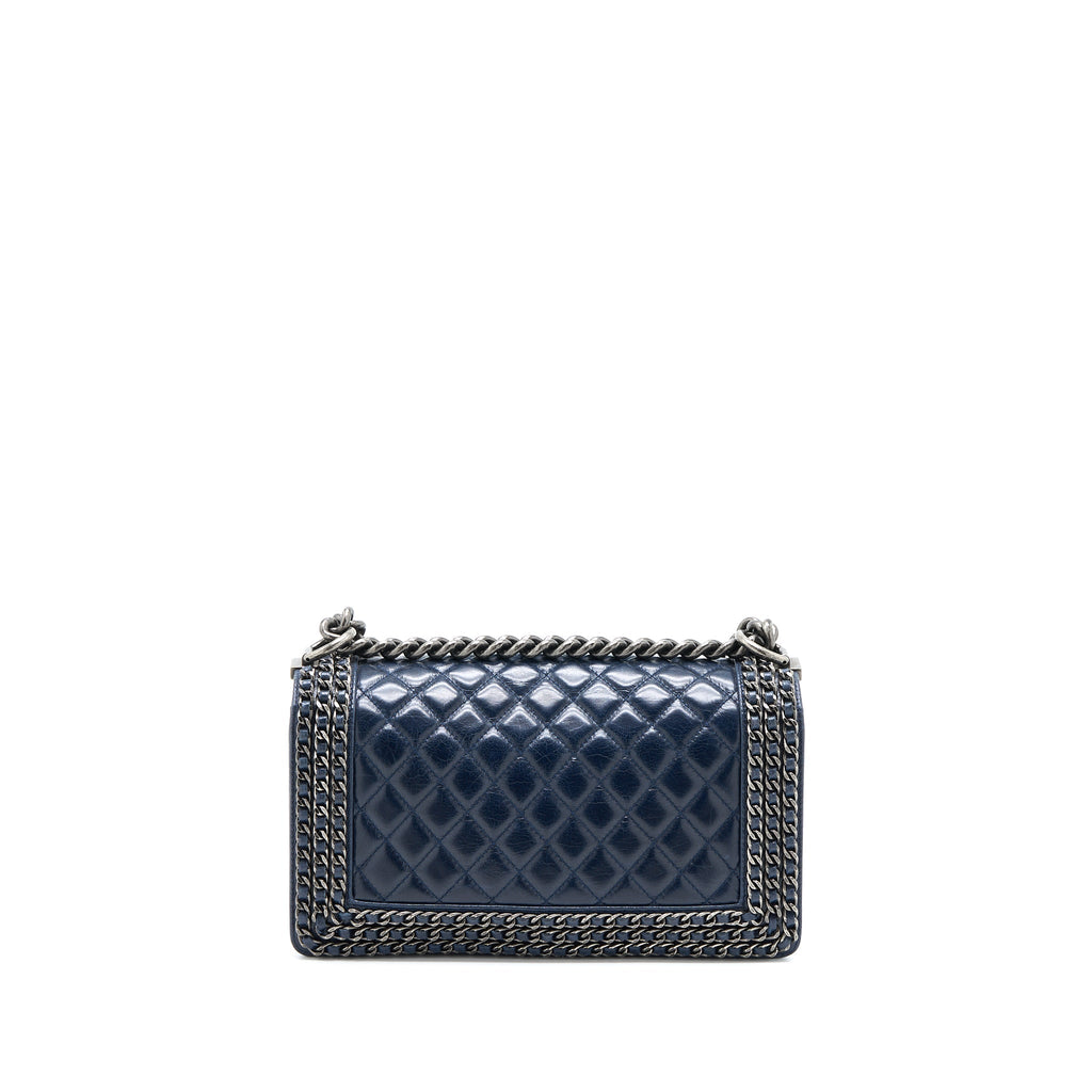 CHANEL MEDIUM BOY BAG LIMITED EDITION WITH CHAIN EDGE AGED CALFSKIN NAVY RUTHENIUM HARDWARE