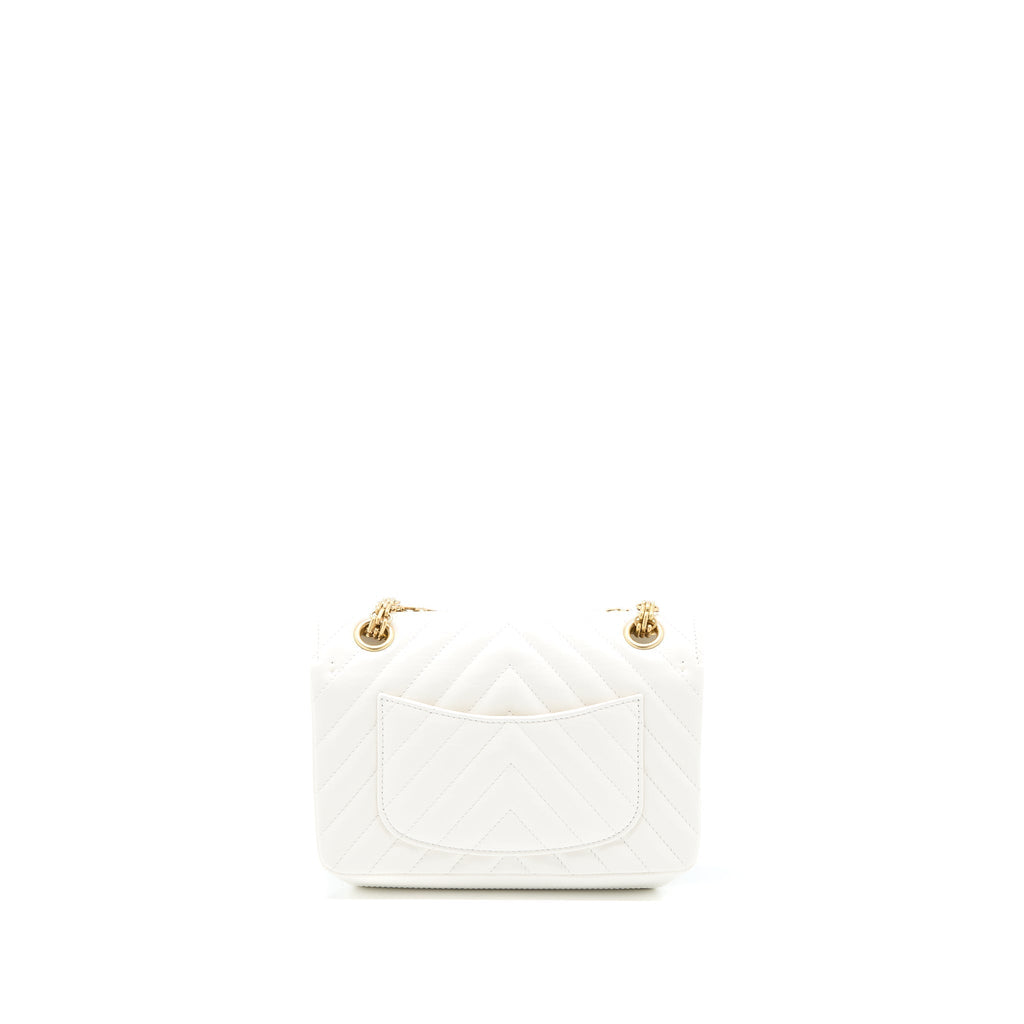 CHANEL MINI 2.55 REISSUE CHEVRON FLAP BAG AGED CALFSKIN WHITE BRUSHED GHW (MICROCHIP)