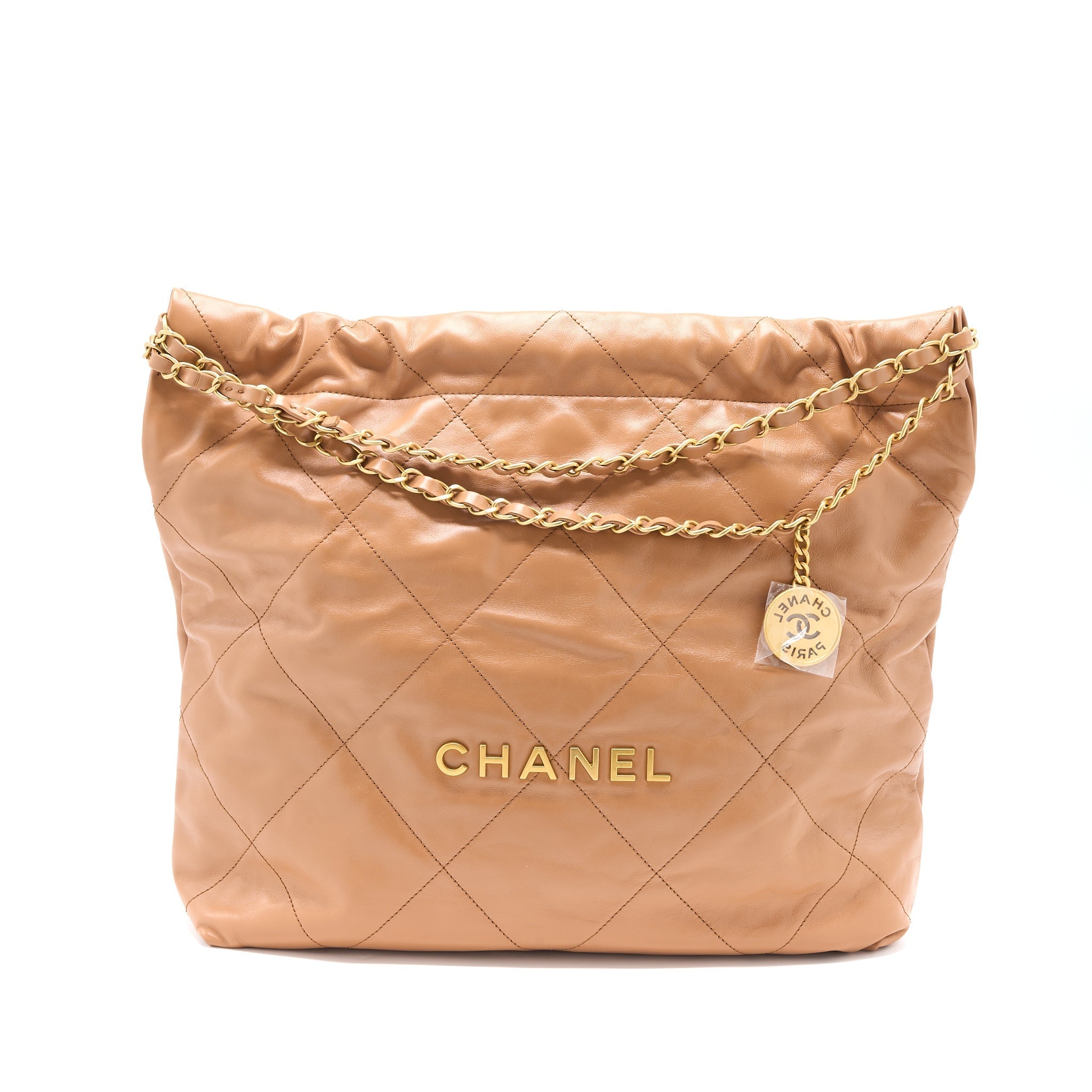 CHANEL MEDIUM 22 BAG SHINY CALFSKIN CARAMEL GHW (MICROCHIP)