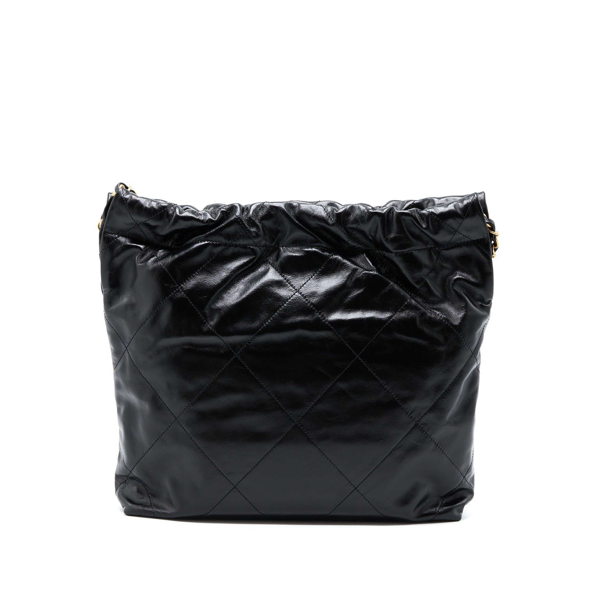 CHANEL SMALL 22 BAG GOLD LETTER SHINY CALFSKIN BLACK GHW (MICROCHIP)