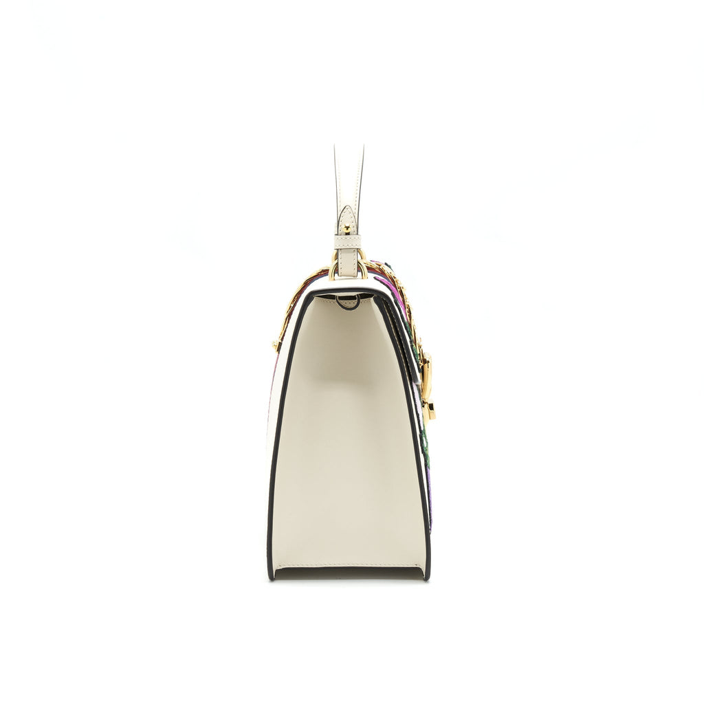 GUCCI SYLVIE TOP HANDLE EMBROIDERED MEDIUM TOTE BAG WHITE