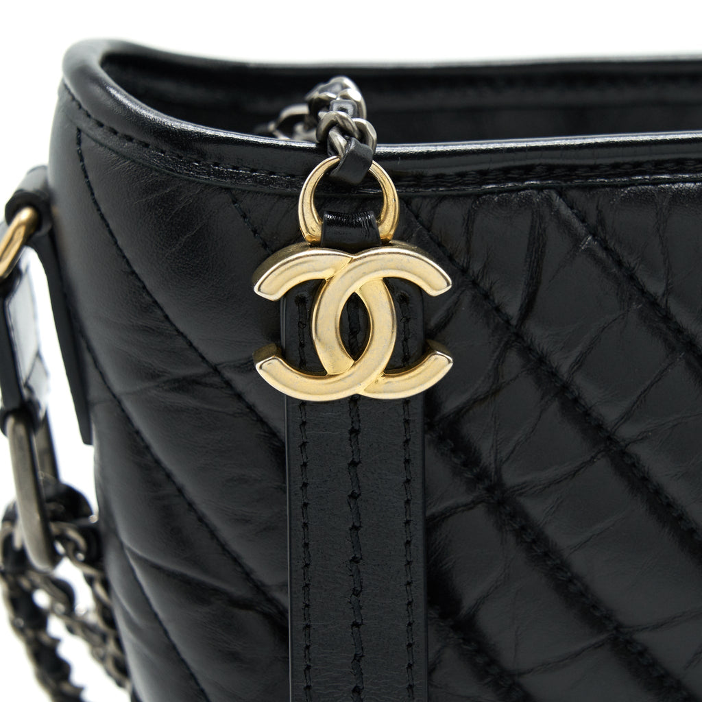 CHANEL CHEVRON GABRIELLE HOBO BAG BLACK WITH GOLD AND SILVER HARDWARE