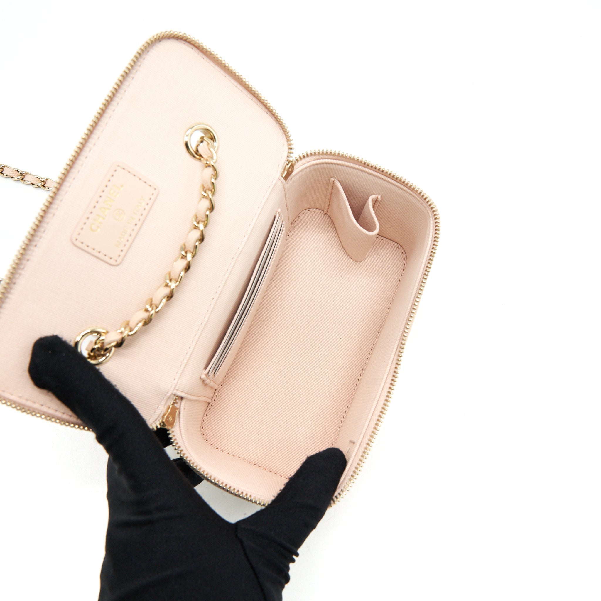 CHANEL 22C LONG VANITY WITH CHAIN CAVIAR LIGHT BEIGE LGHW