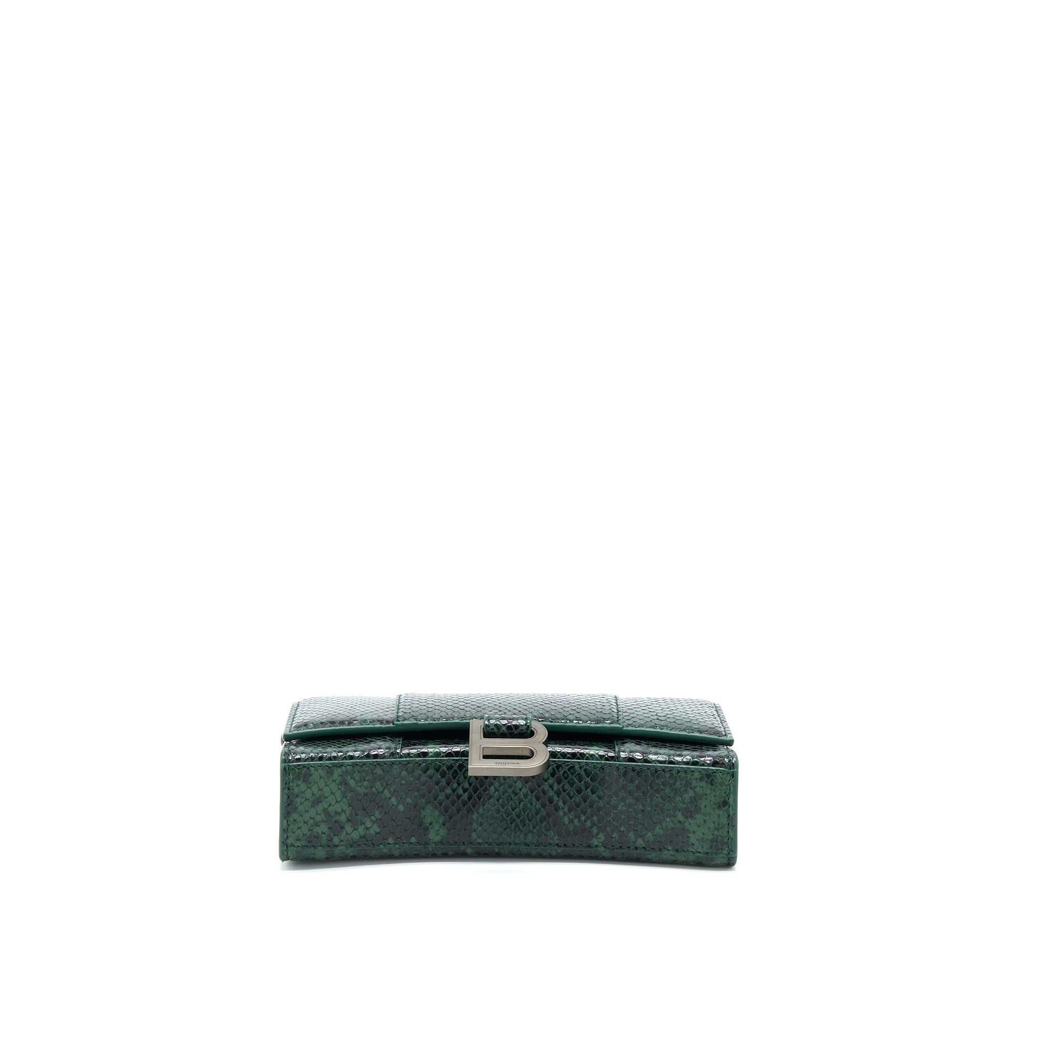 BALENCIAGA HOURGLASS WALLET WITH CHAIN PYTHON EMBOSSED CALFSKIN BLACK/ DARK GREEN