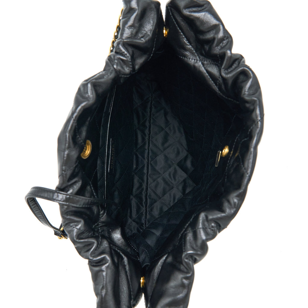 CHANEL SMALL 22 BAG GOLD LETTER SHINY CALFSKIN BLACK GHW (MICROCHIP)