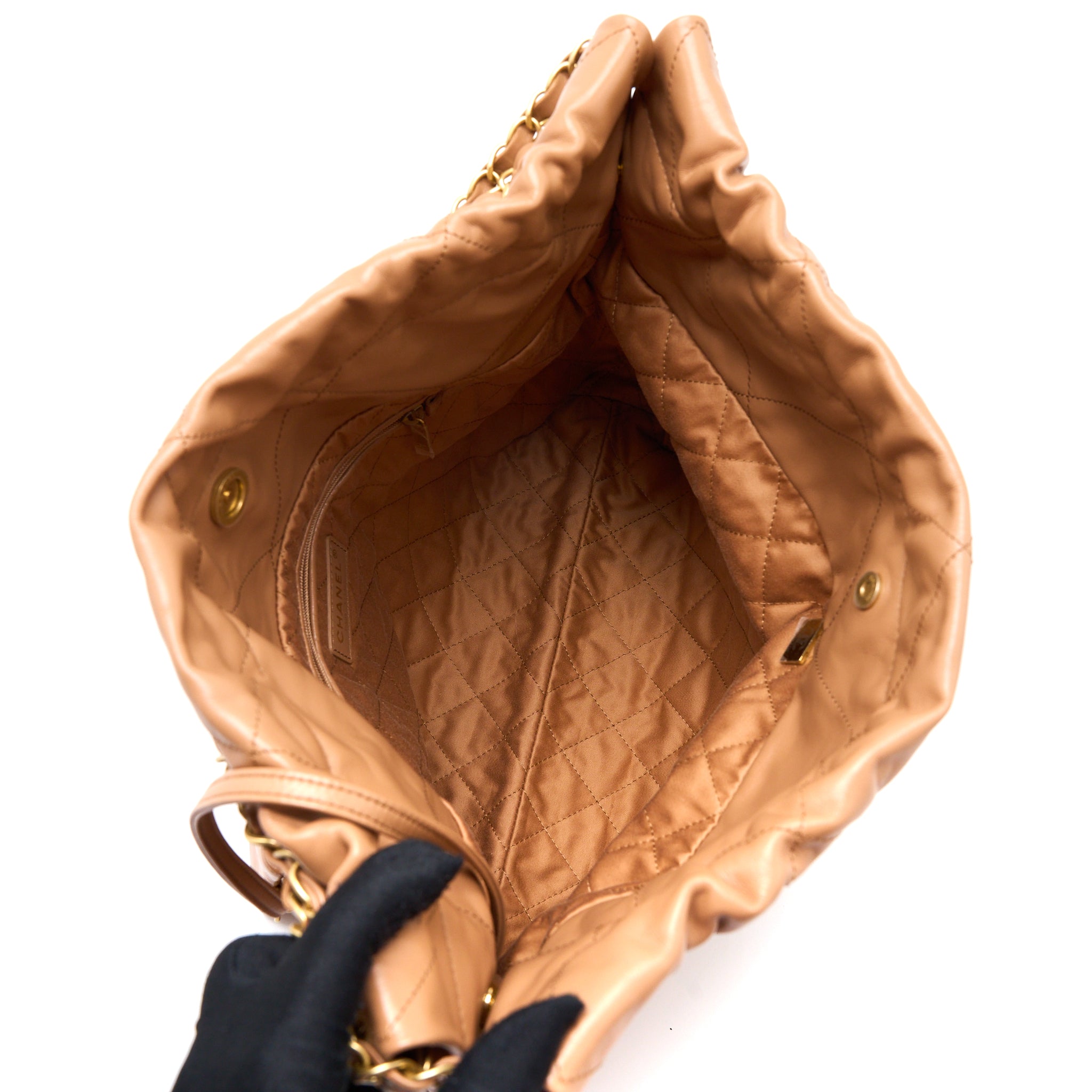 CHANEL MEDIUM 22 BAG SHINY CALFSKIN CARAMEL GHW (MICROCHIP)