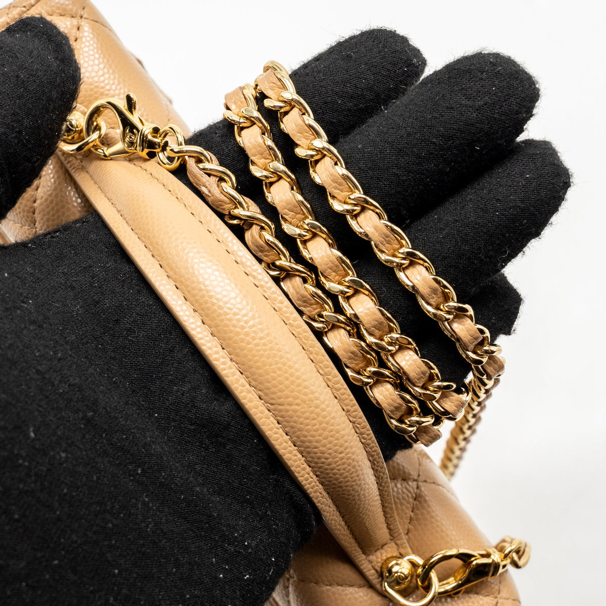 Chanel top handle vanity clutch with chain caviar beige LGHW (microchip)