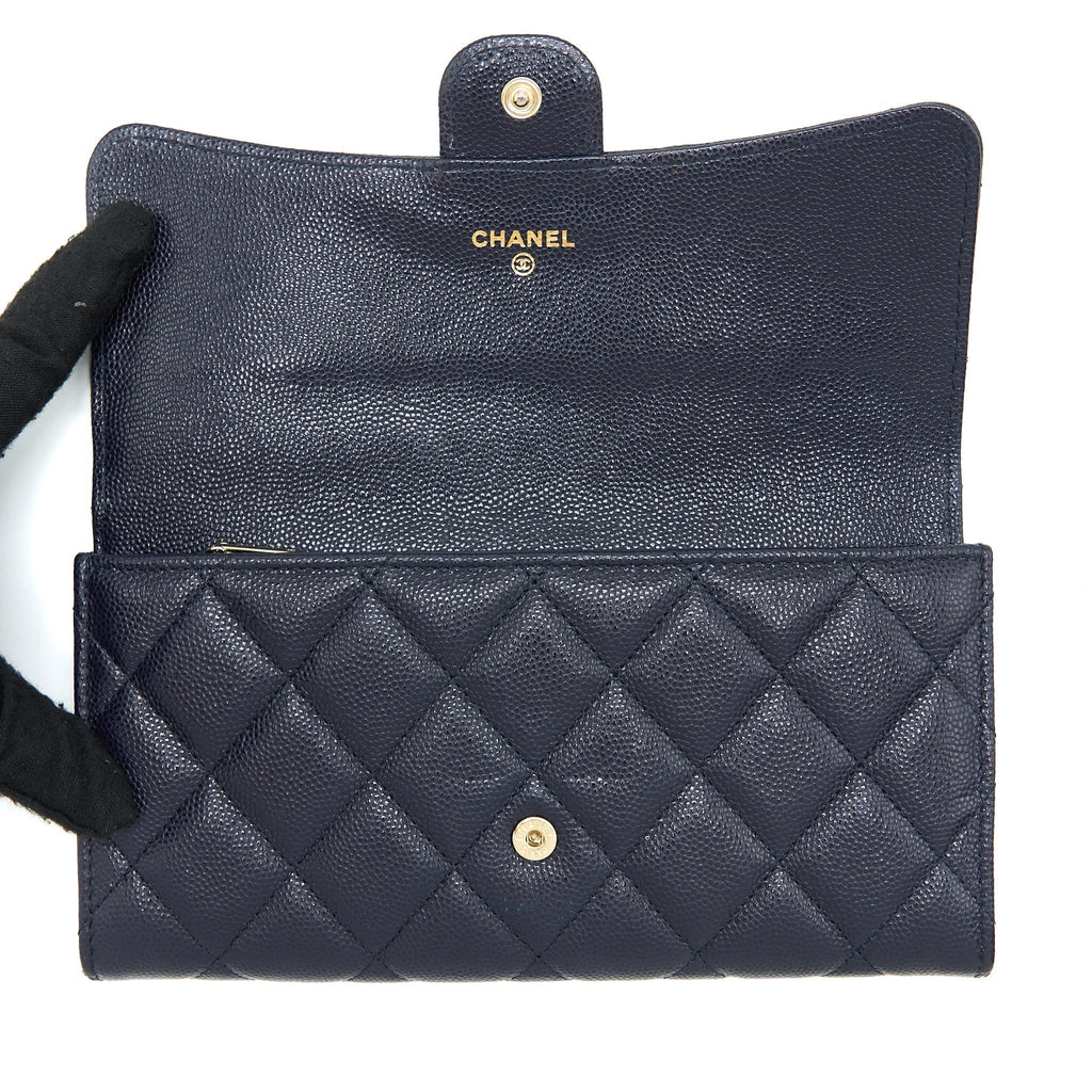 CHANEL CLASSIC FLAP LONG WALLET CAVIAR DARK BLUE LGHW