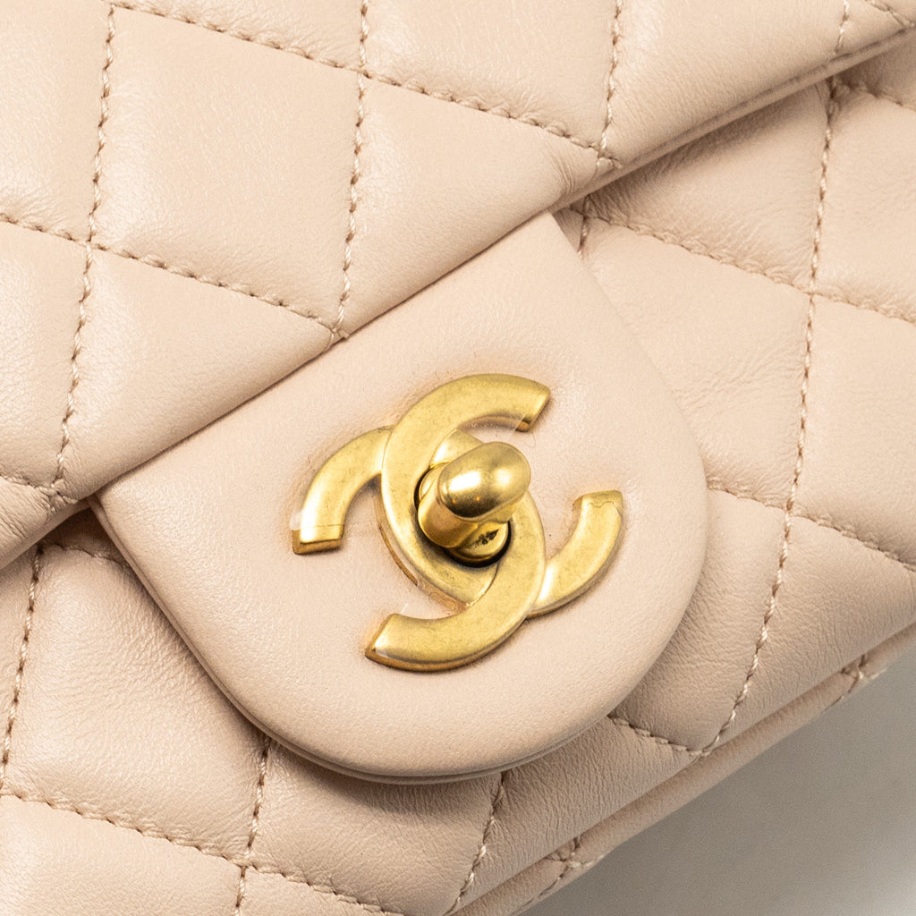 CHANEL PEARL CRUSH MINI SQUARE FLAP BAG LAMBSKIN LIGHT BEIGE GHW (MICROCHIP)