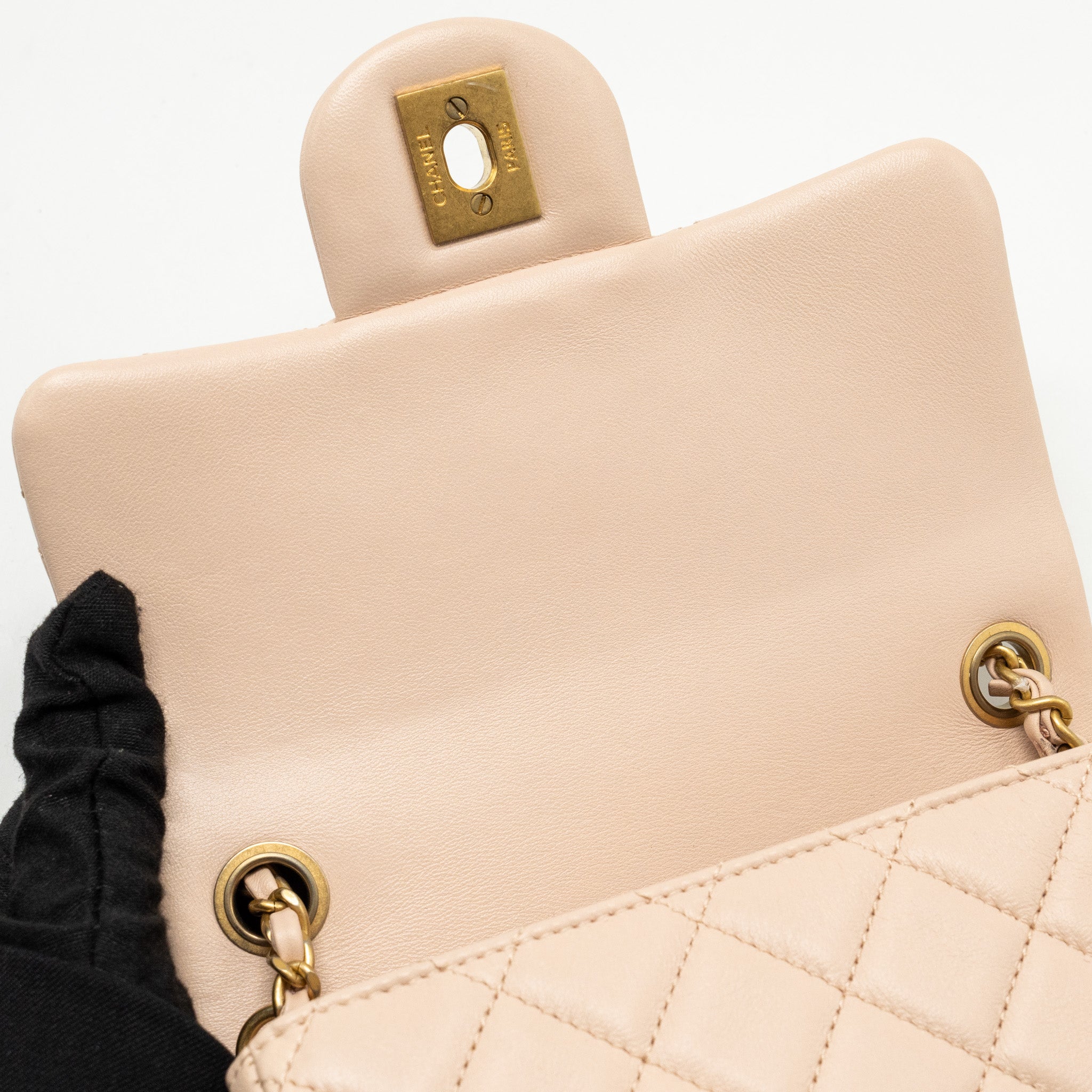 CHANEL PEARL CRUSH MINI SQUARE FLAP BAG LAMBSKIN LIGHT BEIGE GHW (MICROCHIP)