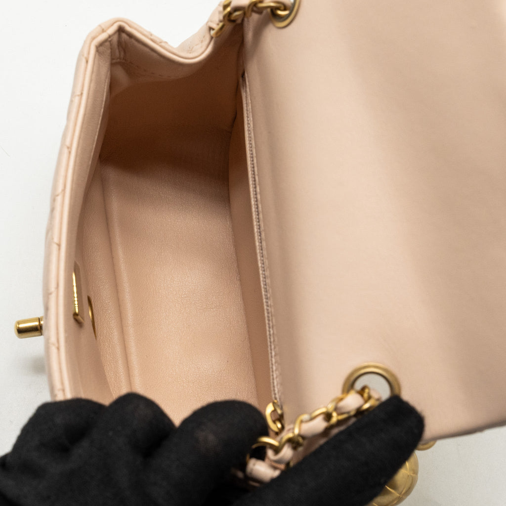 CHANEL PEARL CRUSH MINI SQUARE FLAP BAG LAMBSKIN LIGHT BEIGE GHW (MICROCHIP)