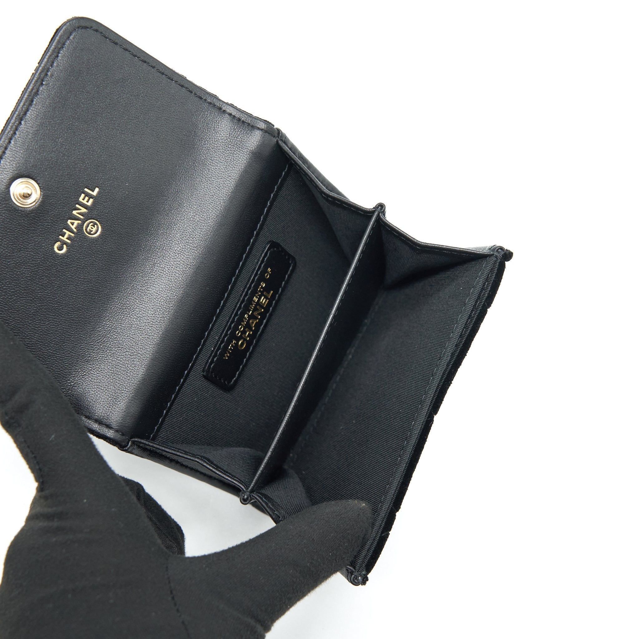 CHANEL VELVET CC LOGO SMALL FLAP WALLET BLACK LGHW
