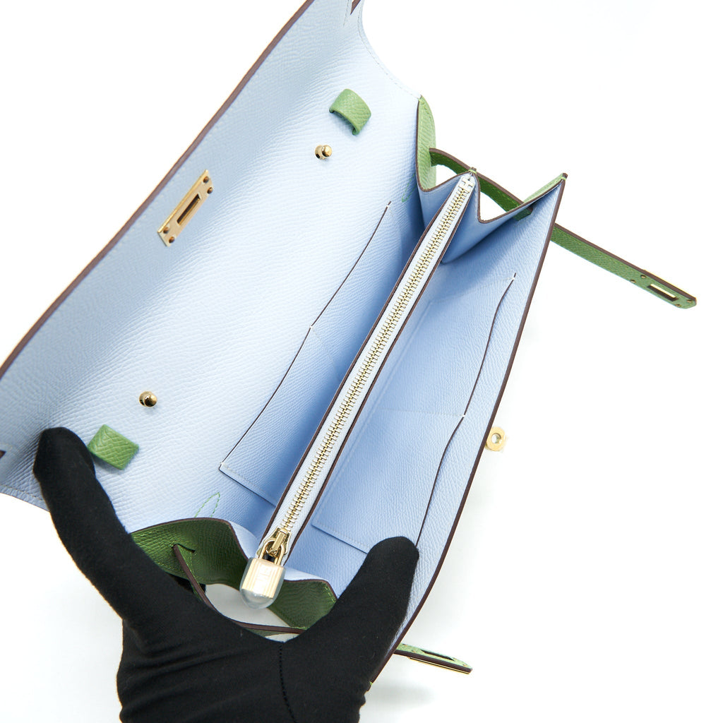 HERMES KELLY TO GO VERSO VERT CRIQUET AND BLUE BRUME GHW