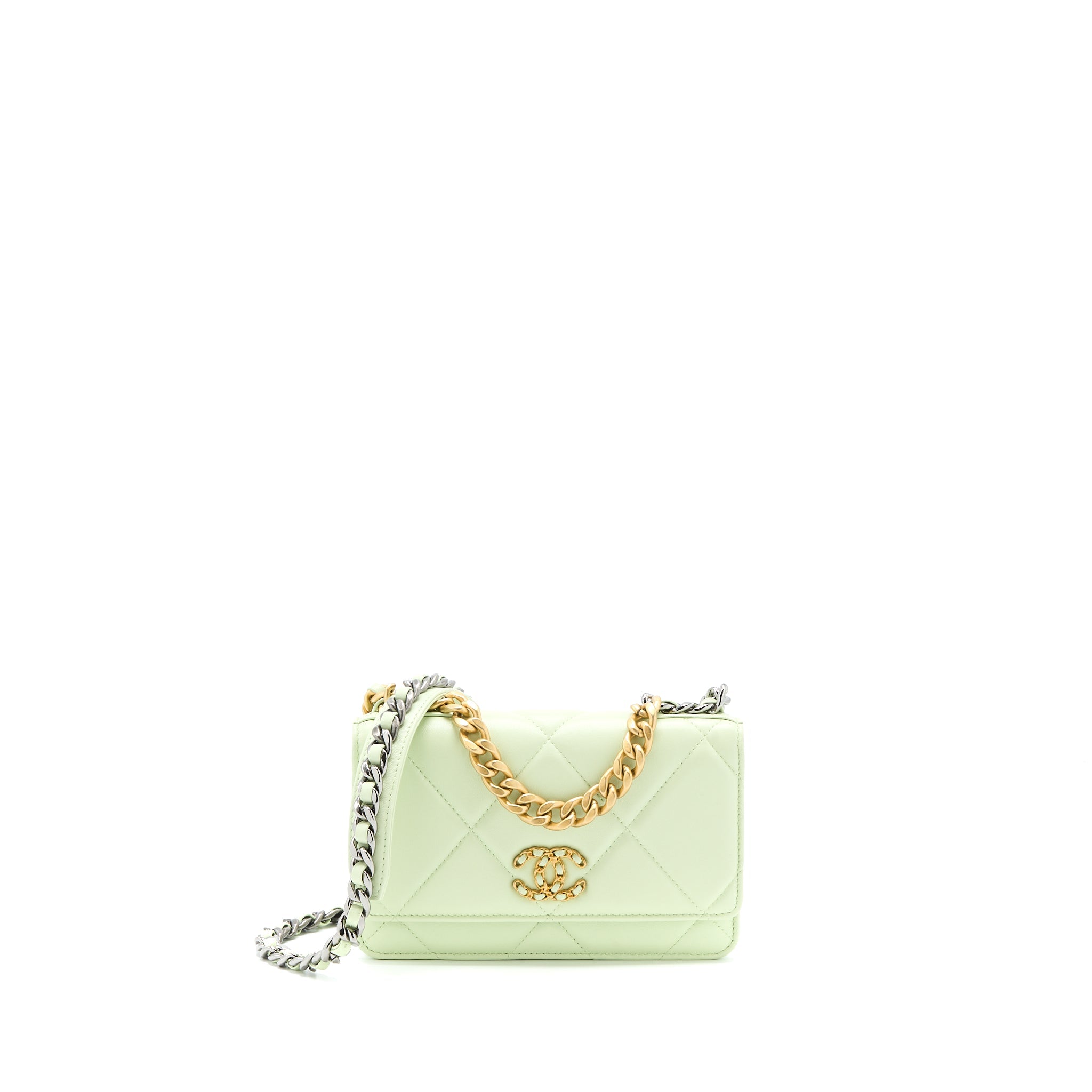 CHANEL 19 WALLET ON CHAIN LAMBSKIN LIGHT GREEN MULTICOLOUR HARDWARE (MICROCHIP)