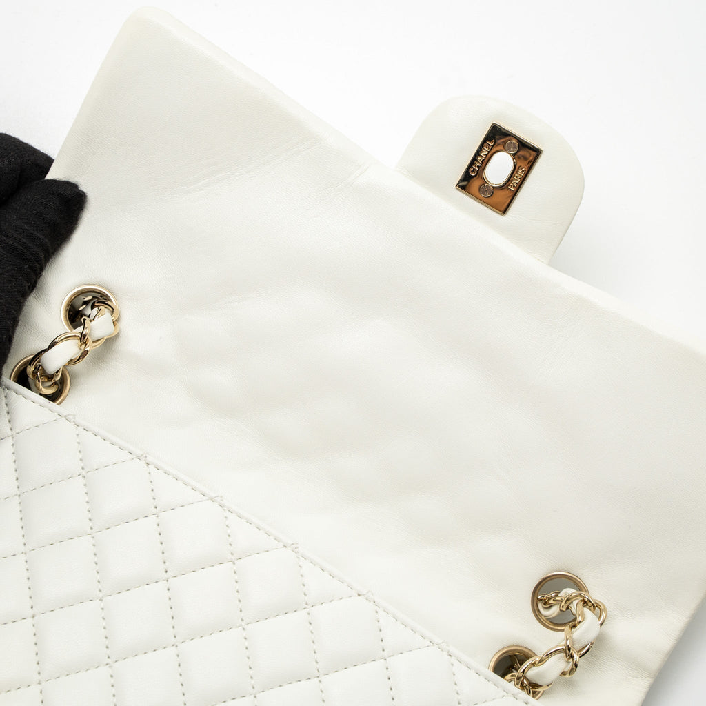 CHANEL QUILTED FLAP BAG WITH HEART CHARM LAMBSKIN WHITE LGHW