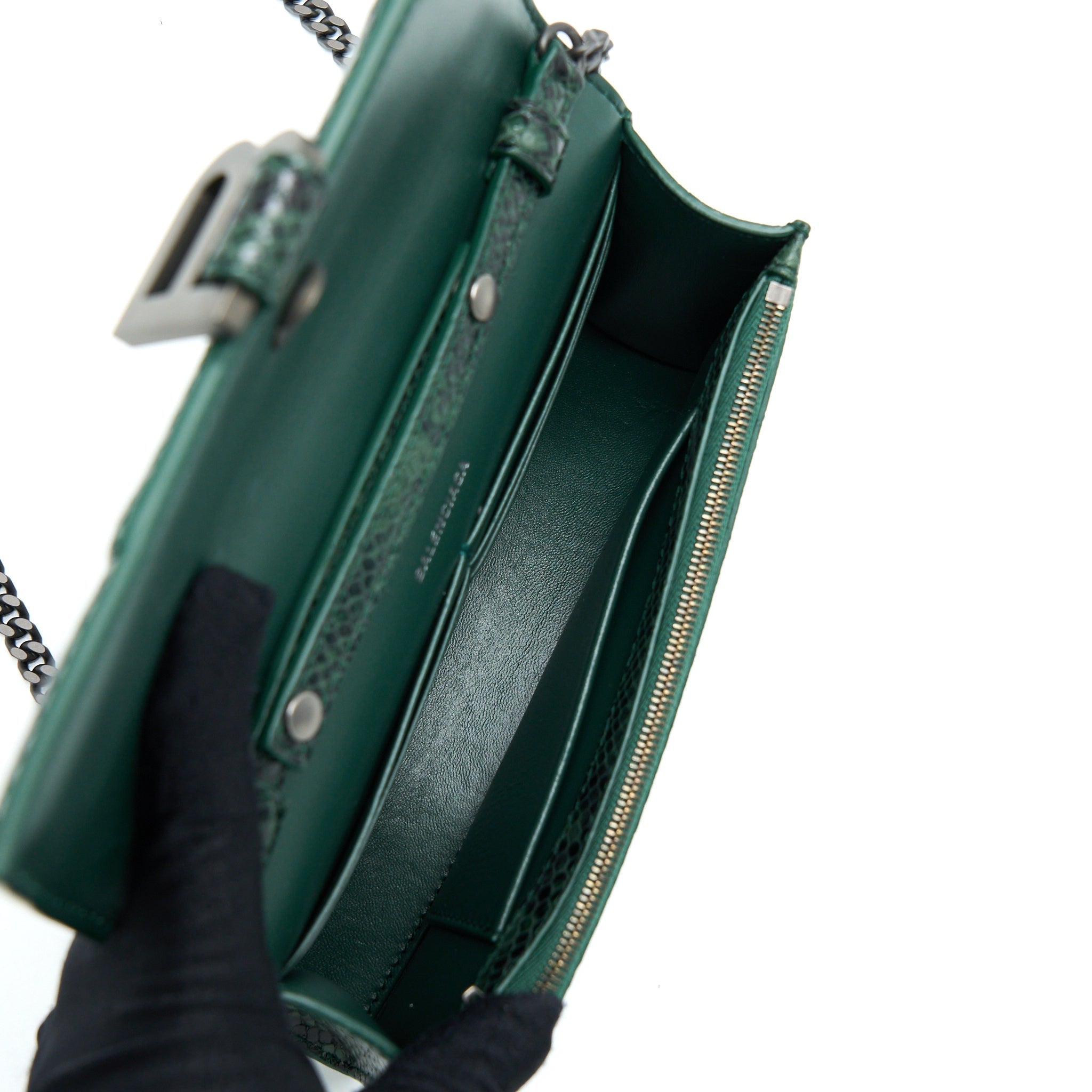 BALENCIAGA HOURGLASS WALLET WITH CHAIN PYTHON EMBOSSED CALFSKIN BLACK/ DARK GREEN
