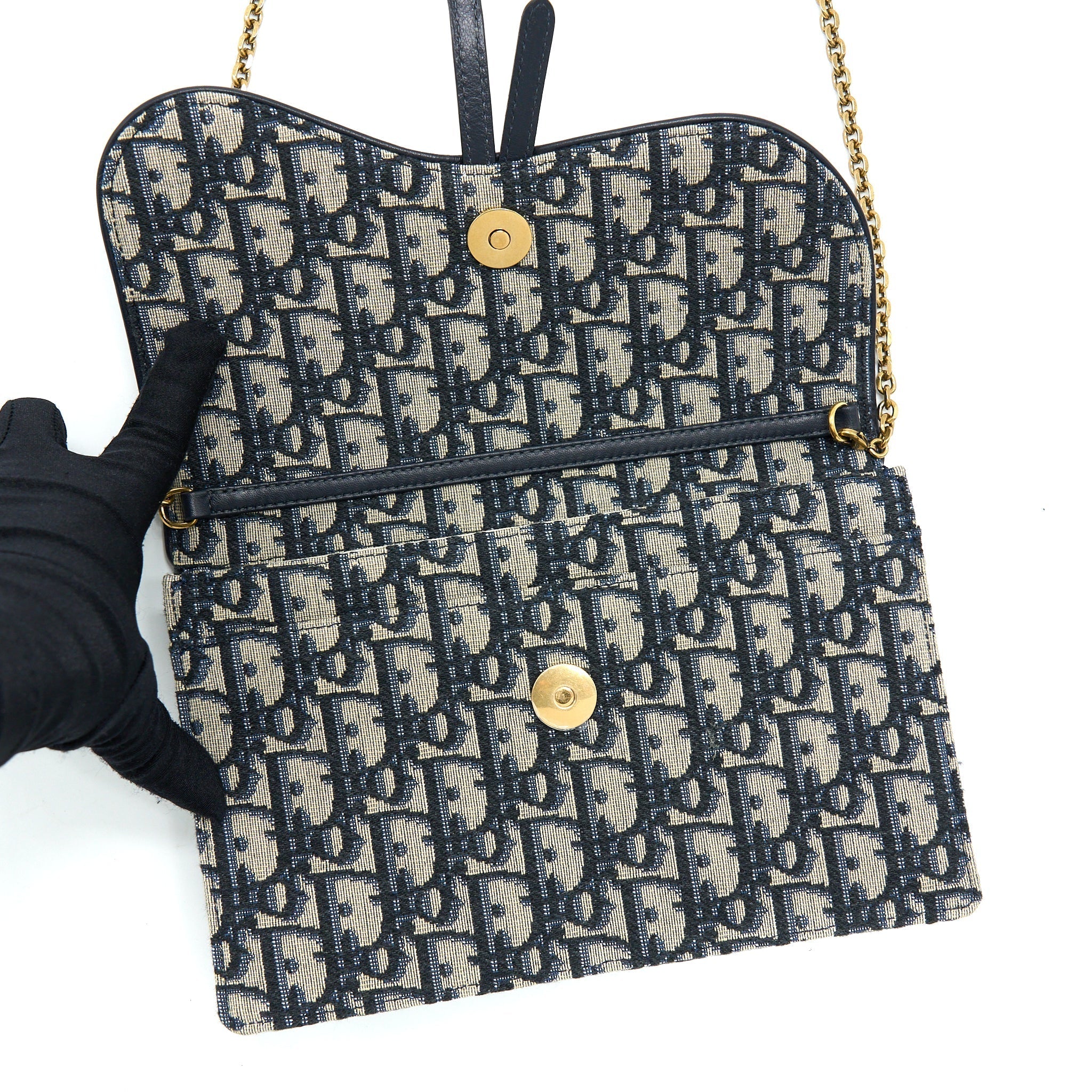 DIOR SADDLE POUCH WITH CHAIN BLUE DIOR OBLIQUE JACQUARD GHW