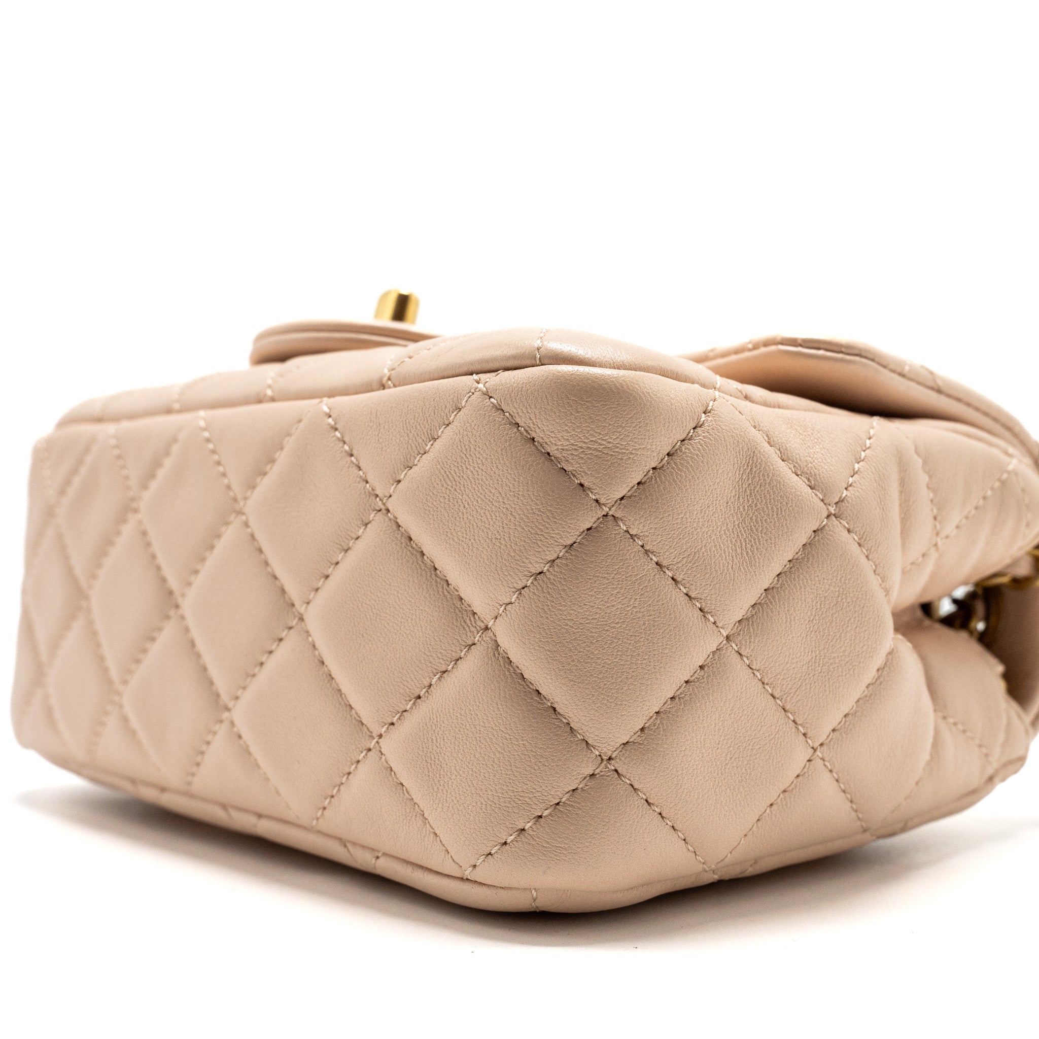 CHANEL PEARL CRUSH MINI SQUARE FLAP BAG LAMBSKIN LIGHT BEIGE GHW (MICROCHIP)