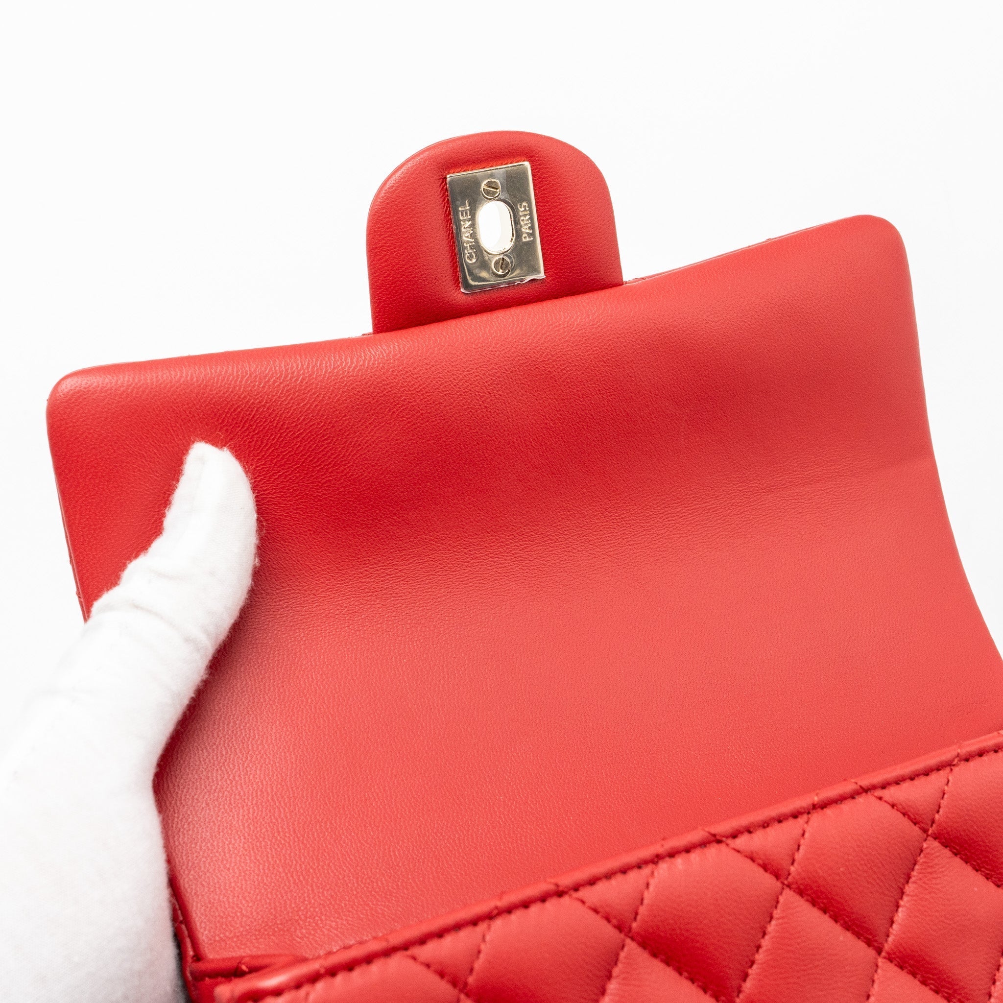 CHANEL TOP HANDLE MINI RECTANGULAR FLAP BAG LAMBSKIN RED LGHW (MICROCHIP)