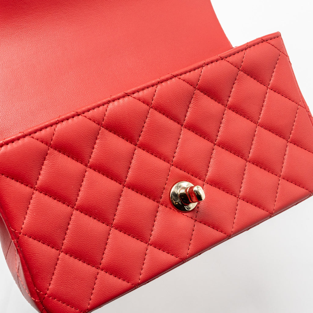 CHANEL TOP HANDLE MINI RECTANGULAR FLAP BAG LAMBSKIN RED LGHW (MICROCHIP)