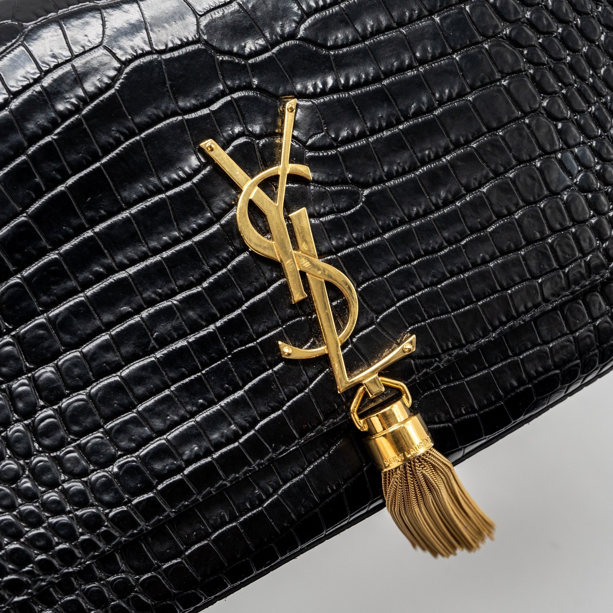 SAINT LAURENT KATE BAG TASSEL CROC-EMBOSSED BLACK GHW