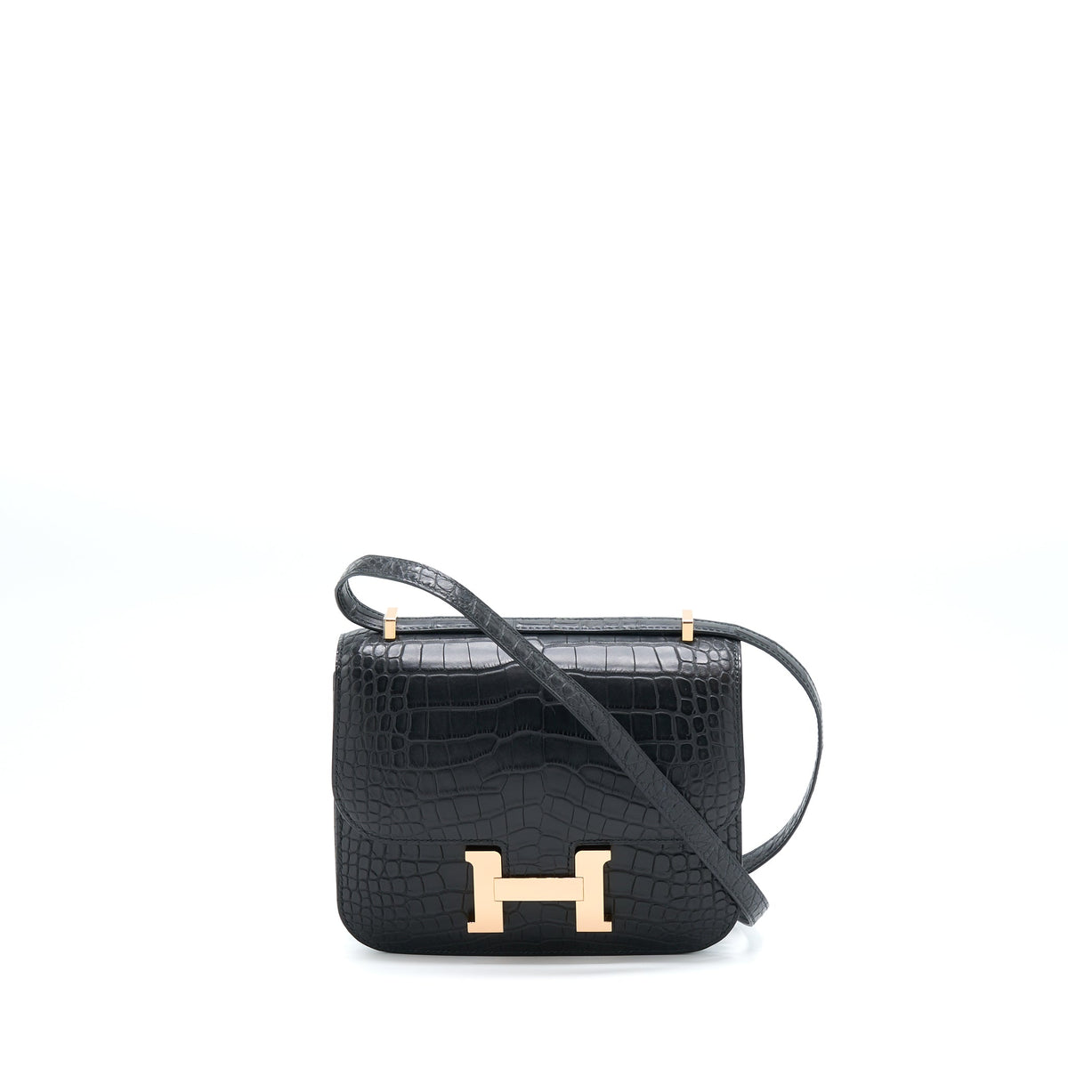 Hermes Mini Constance Alligator Mississippiensis Mat Black RGHW