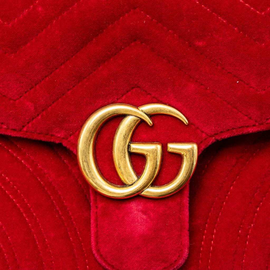 GUCCI SMALL GG MARMONT BAG VELVET RED BRUSHED GHW