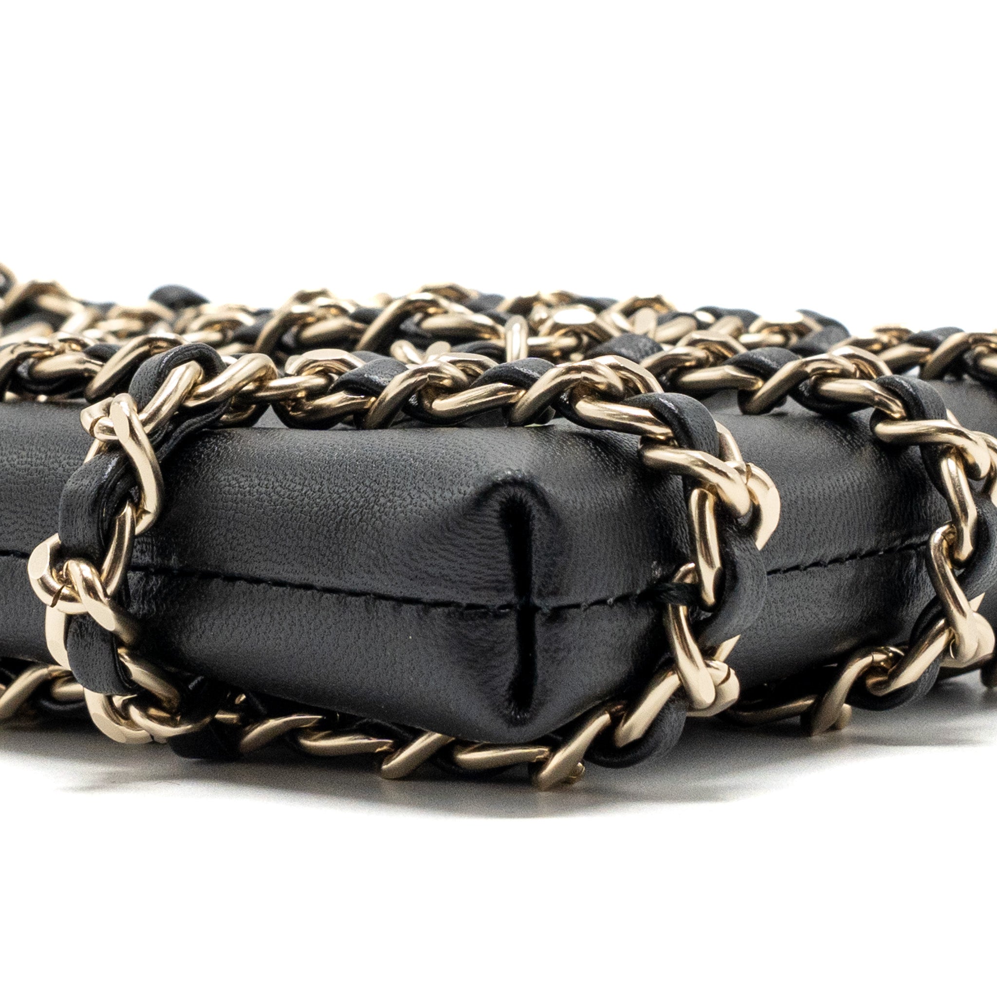 CHANEL GOLD CLUTCH O CHAIN PHONE HOLDER LAMBSKIN BLACK LGHW