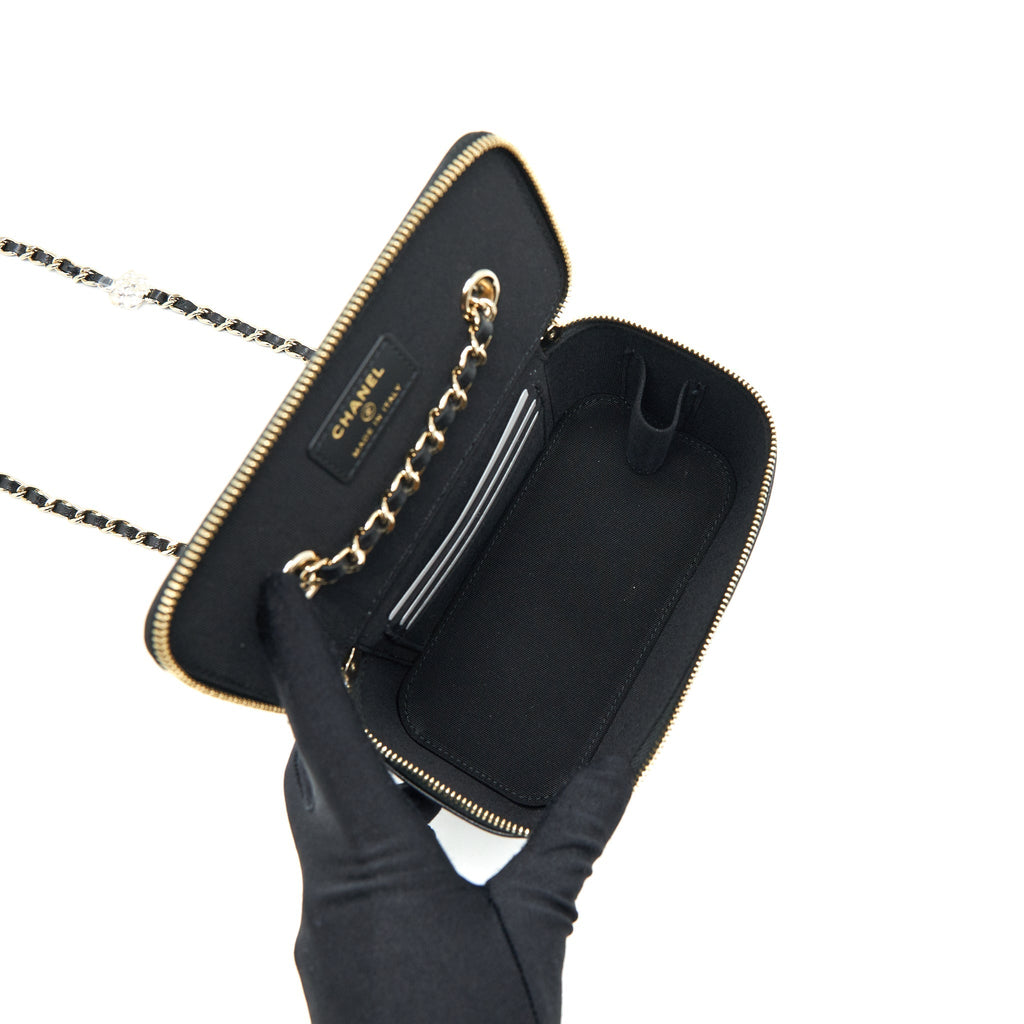 CHANEL CAMELLIA LONG VANITY WITH CHAINS LAMBSKIN BLACK LGHW