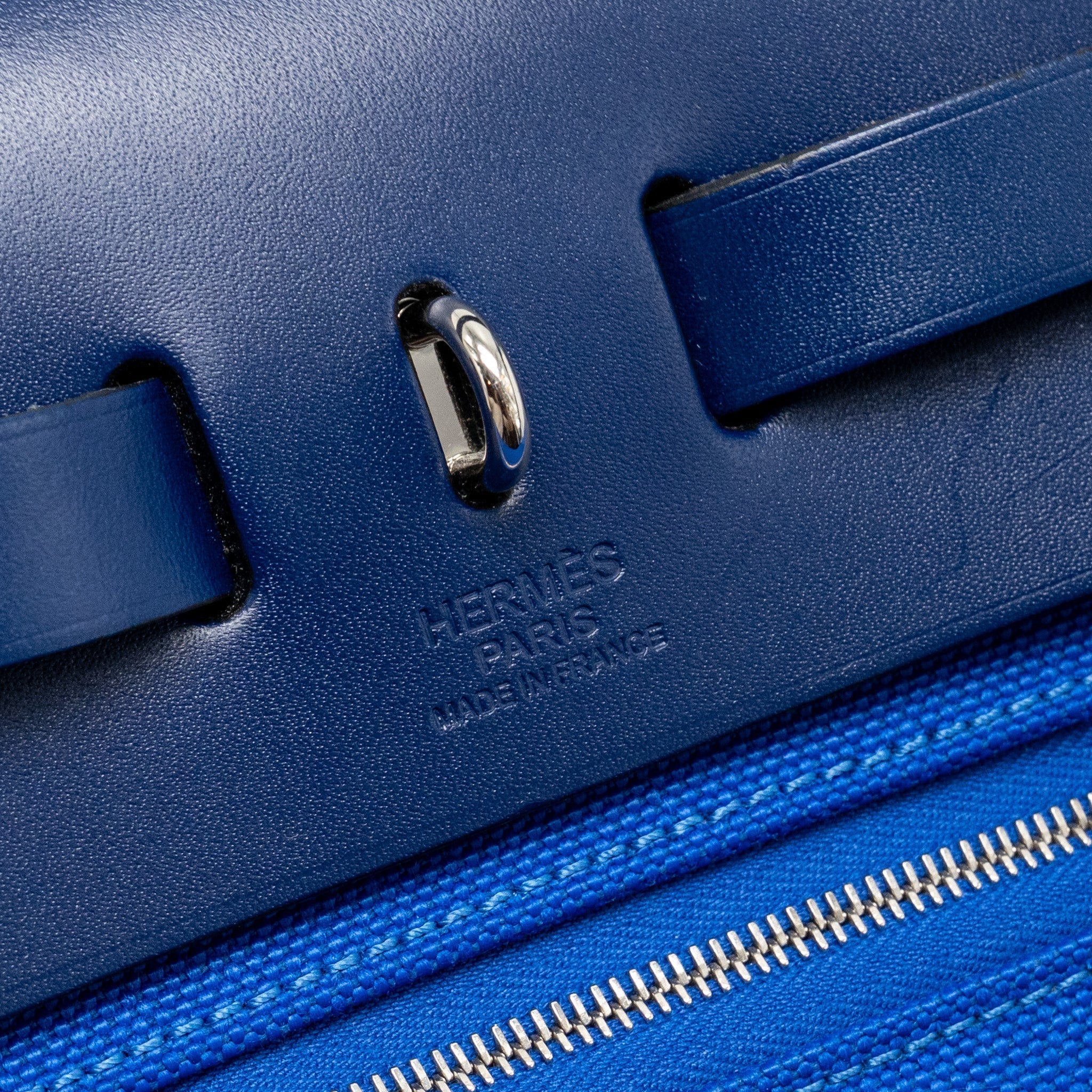 HERMES HERBAG 31 ZIP BAG CANVAS/HUNTER LEATHER BLEU BILLARD/BLEU SAPHIR SHW