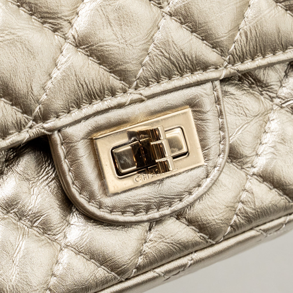 CHANEL SMALL 2.55 REISSUE DOUBLE FLAP BAG AGED CALFSKIN METALLIC LIGHT GOLD WITH LGHW