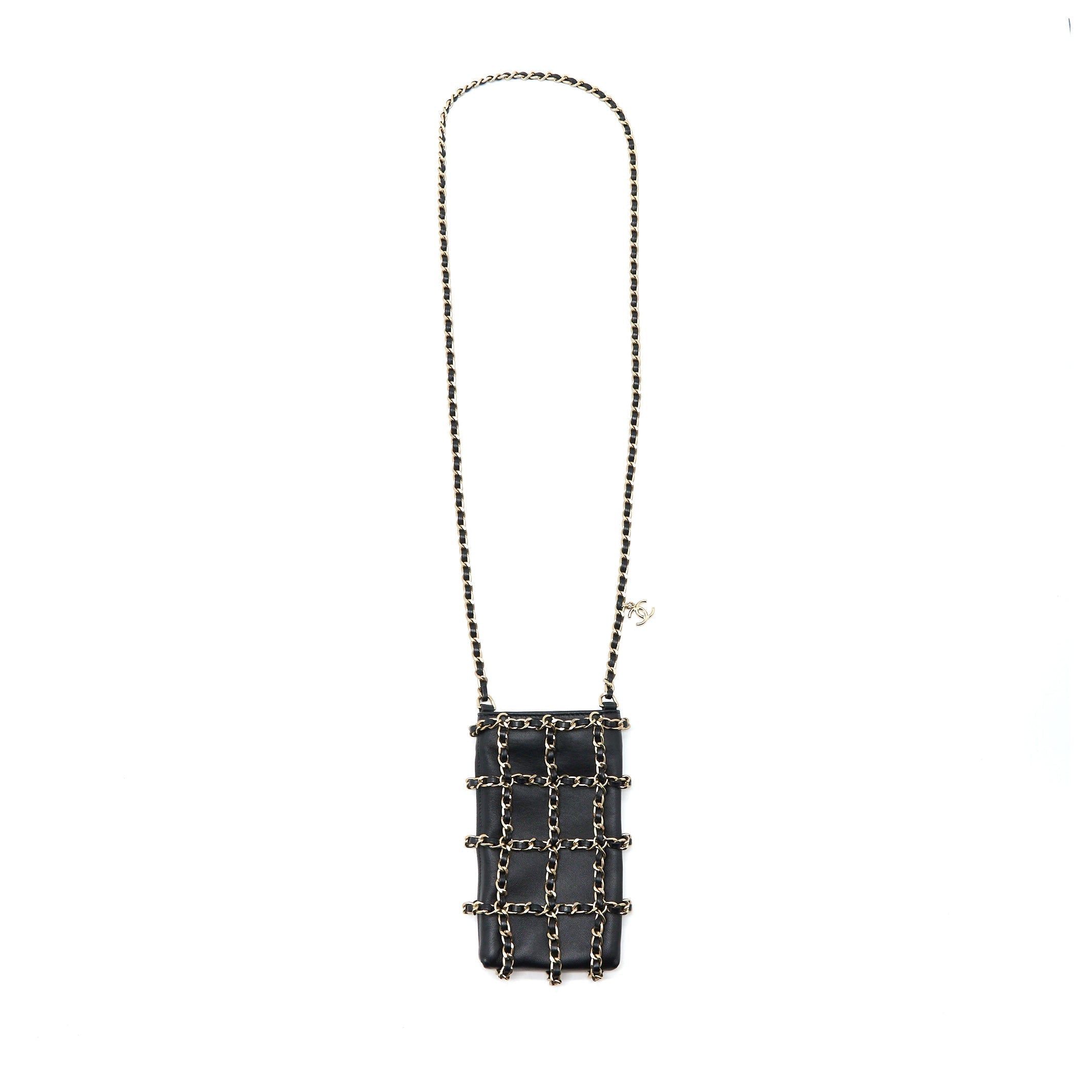 CHANEL PHONE POUCH WITH CHAIN LAMBSKIN BLACK LGHW