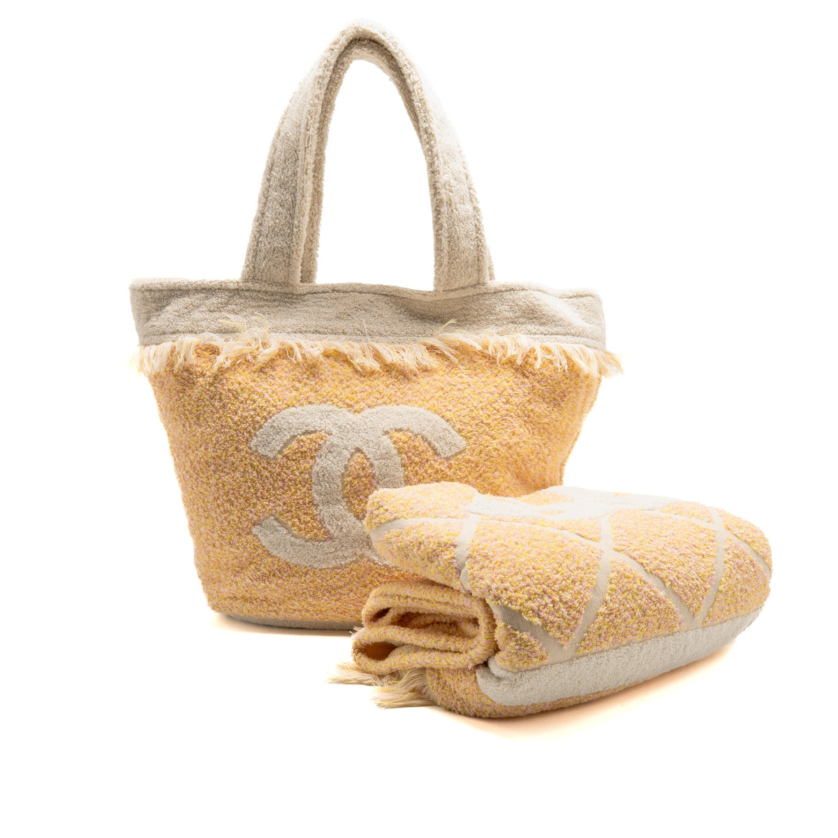 Chanel Coco Beach Tote Bag with Towel / Pouch Set Cotton Light Yellow/Pink