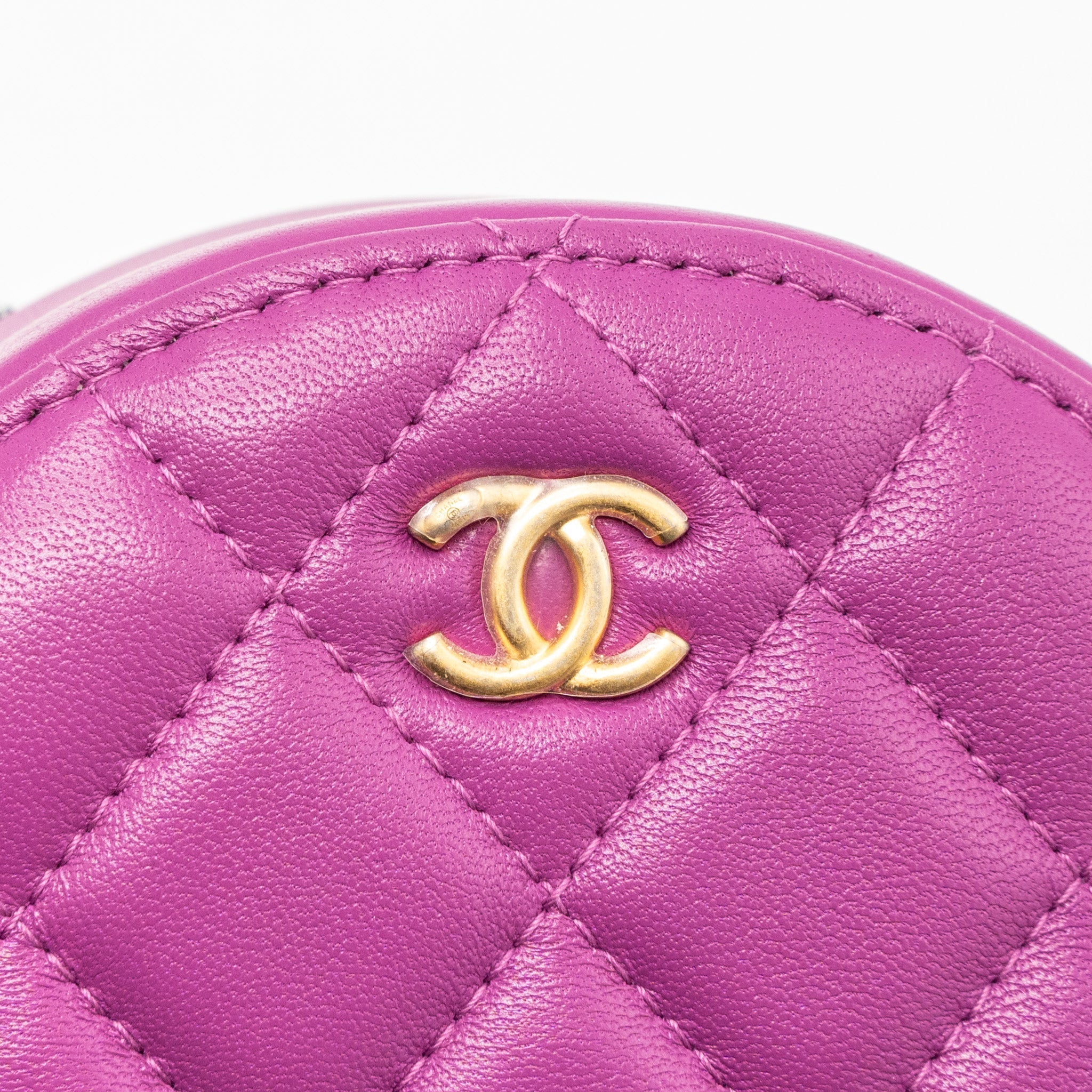 CHANEL PEARL CRUSH MINI ROUND CLUTCH WITH CHAIN LAMBSKIN PURPLE GHW
