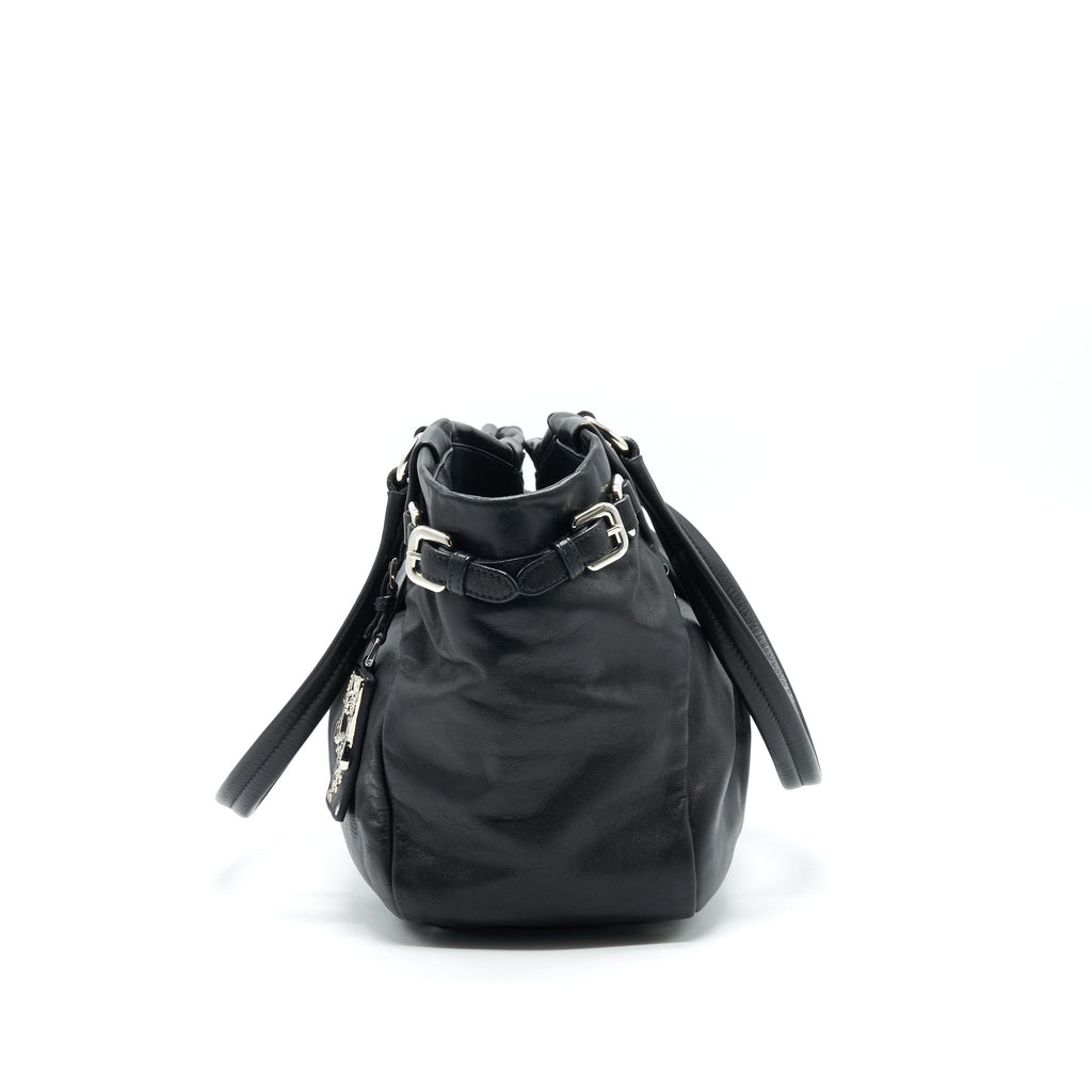 PRADA PRUGNA SOFT CALFSKIN LEATHER SHOPPING TOTE BAG BLACK