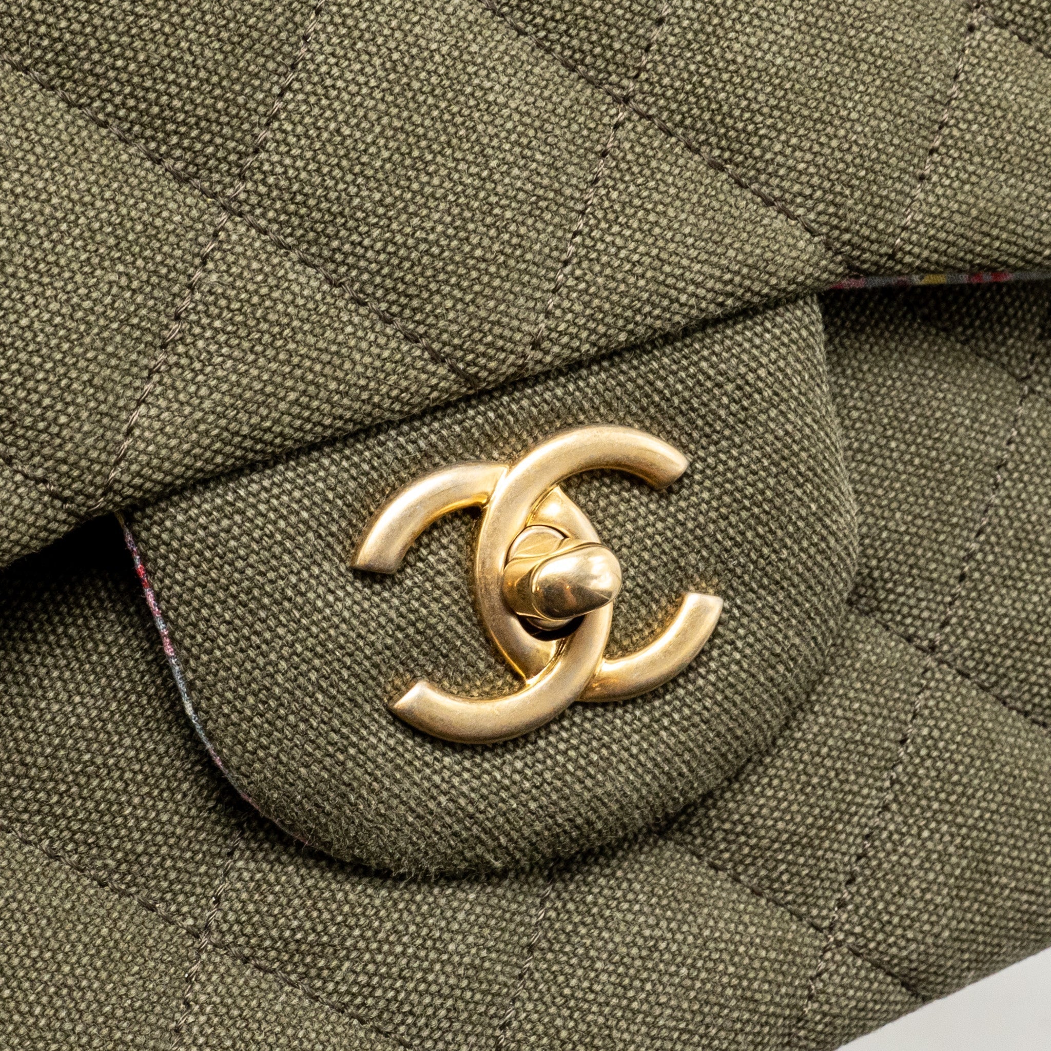 CHANEL COCO CUBA CHARMS JUMBO CLASSIC DOUBLE FLAP BAG CANVAS GREEN GHW