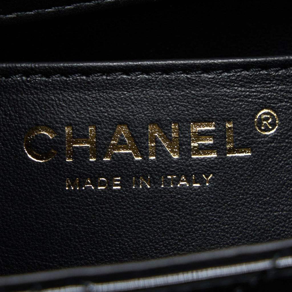 CHANEL 22K RETRO CLASSIC NEW SQUARE MINI FLAP BAG PATENT BLACK BRUSHED GHW(MICROCHIP)