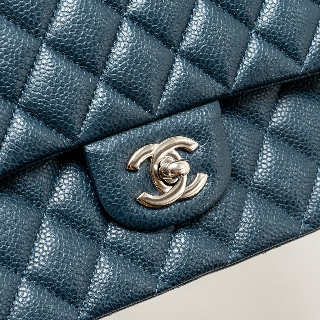 CHANEL MEDIUM CLASSIC DOUBLE FLAP BAG CAVIAR METALLIC DARK BLUE SHW