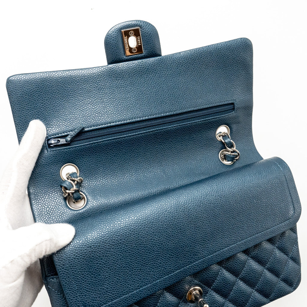 CHANEL MEDIUM CLASSIC DOUBLE FLAP BAG CAVIAR METALLIC DARK BLUE SHW
