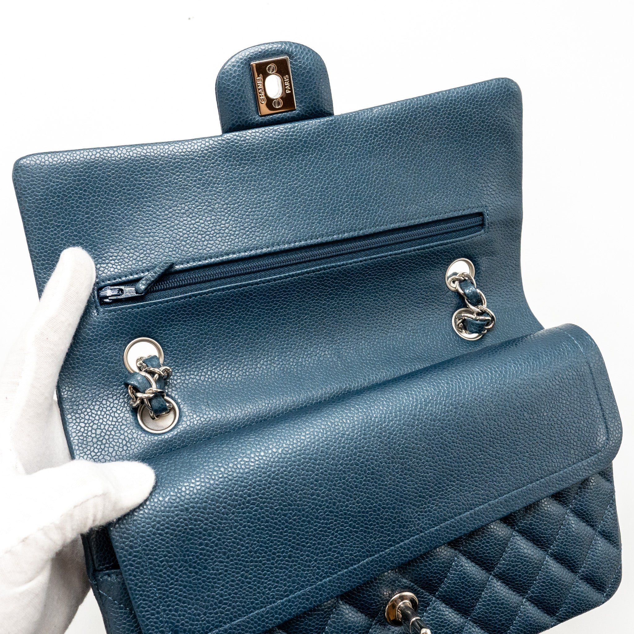 CHANEL MEDIUM CLASSIC DOUBLE FLAP BAG CAVIAR METALLIC DARK BLUE SHW
