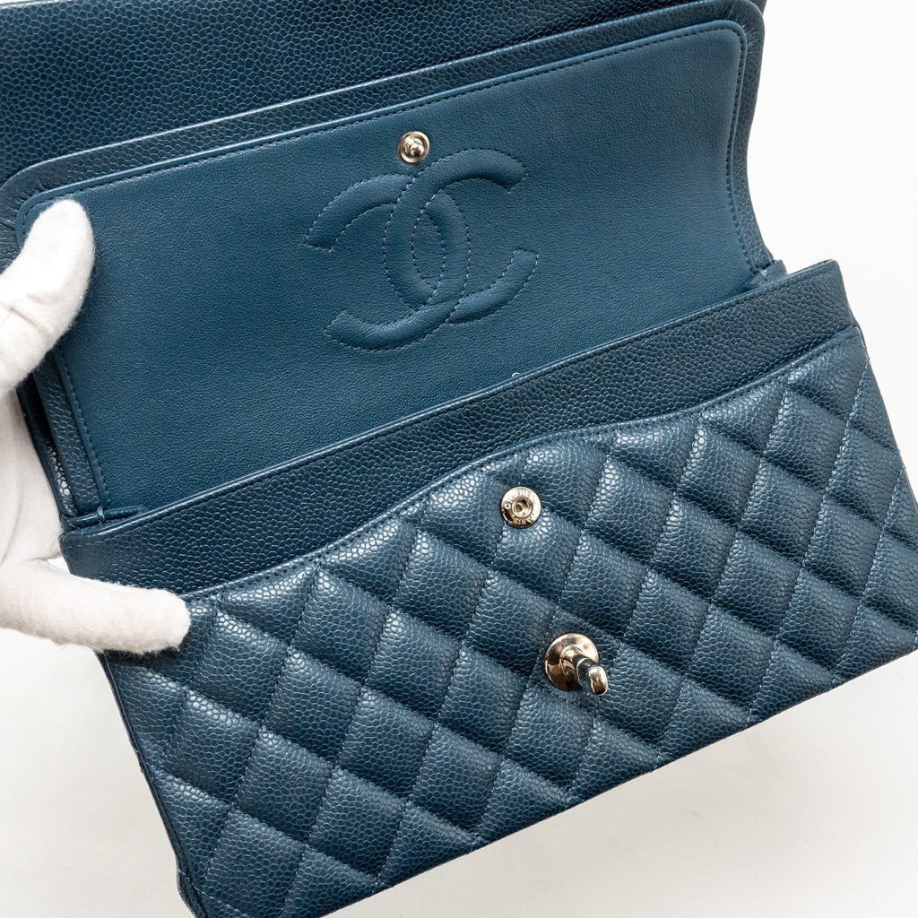 CHANEL MEDIUM CLASSIC DOUBLE FLAP BAG CAVIAR METALLIC DARK BLUE SHW