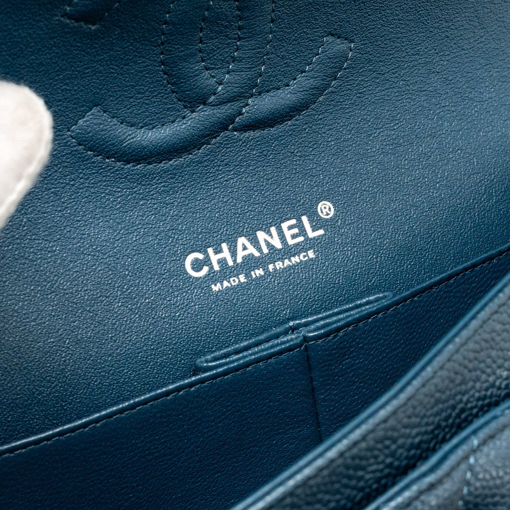 CHANEL MEDIUM CLASSIC DOUBLE FLAP BAG CAVIAR METALLIC DARK BLUE SHW
