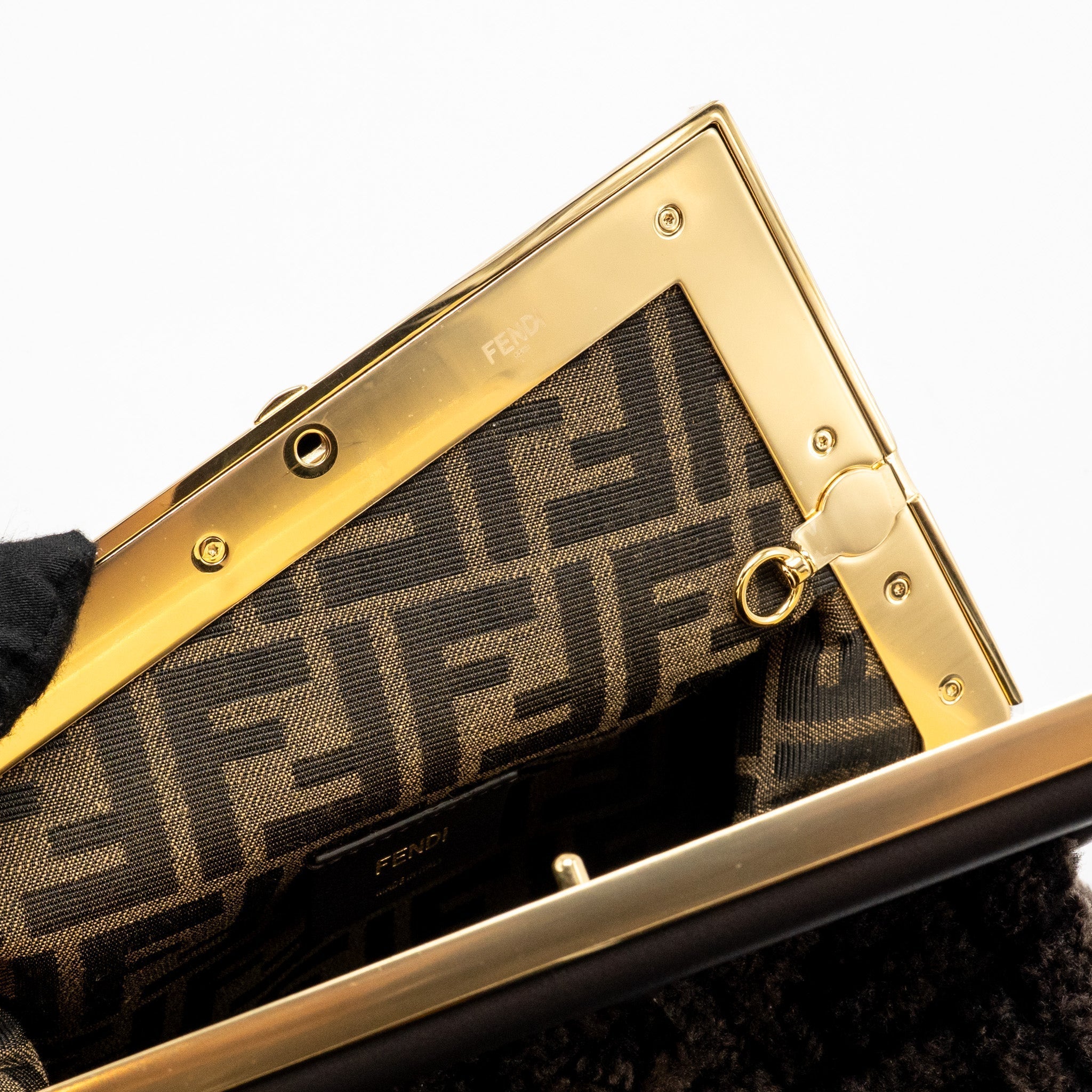 FENDI MEDIUM FENDI FIRST CLUTCH BAG SHEARLING BROWN GHW