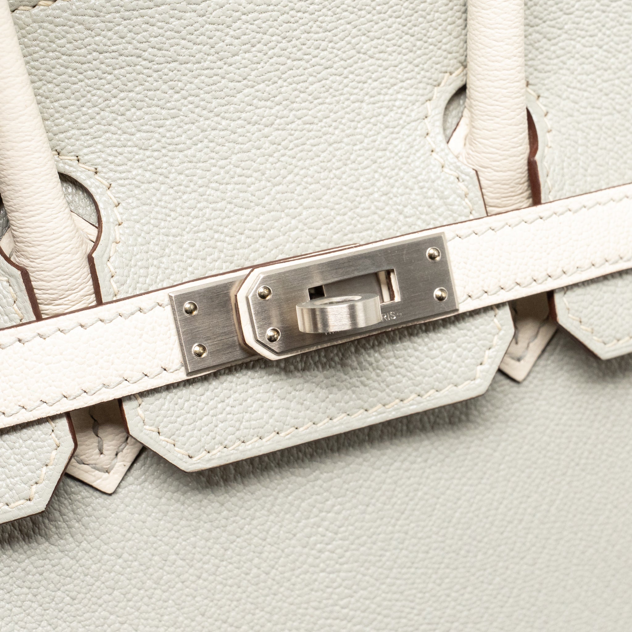 HERMES BIRKIN 25 SPECIAL ORDER CHÈVRE MYSORE GRIS PERLE/CRAIE BRUSHED SHW