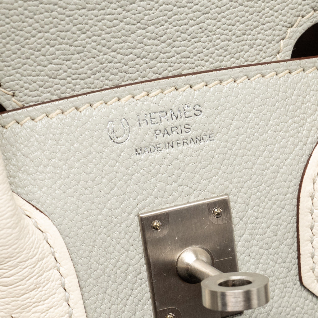 HERMES BIRKIN 25 SPECIAL ORDER CHÈVRE MYSORE GRIS PERLE/CRAIE BRUSHED SHW
