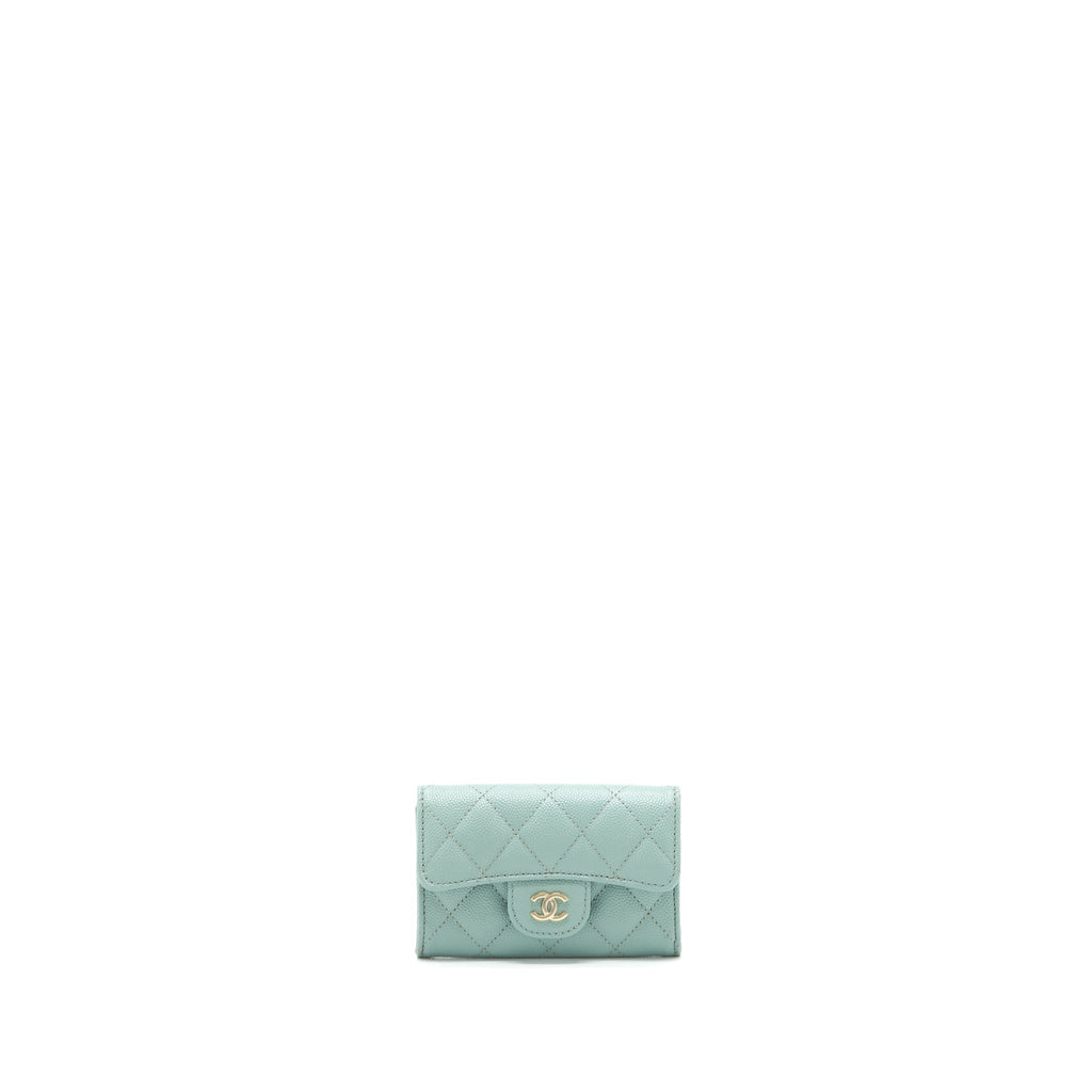 CHANEL 22C FLAP CARD HOLDER CAVIAR NG124 GREEN LGHW